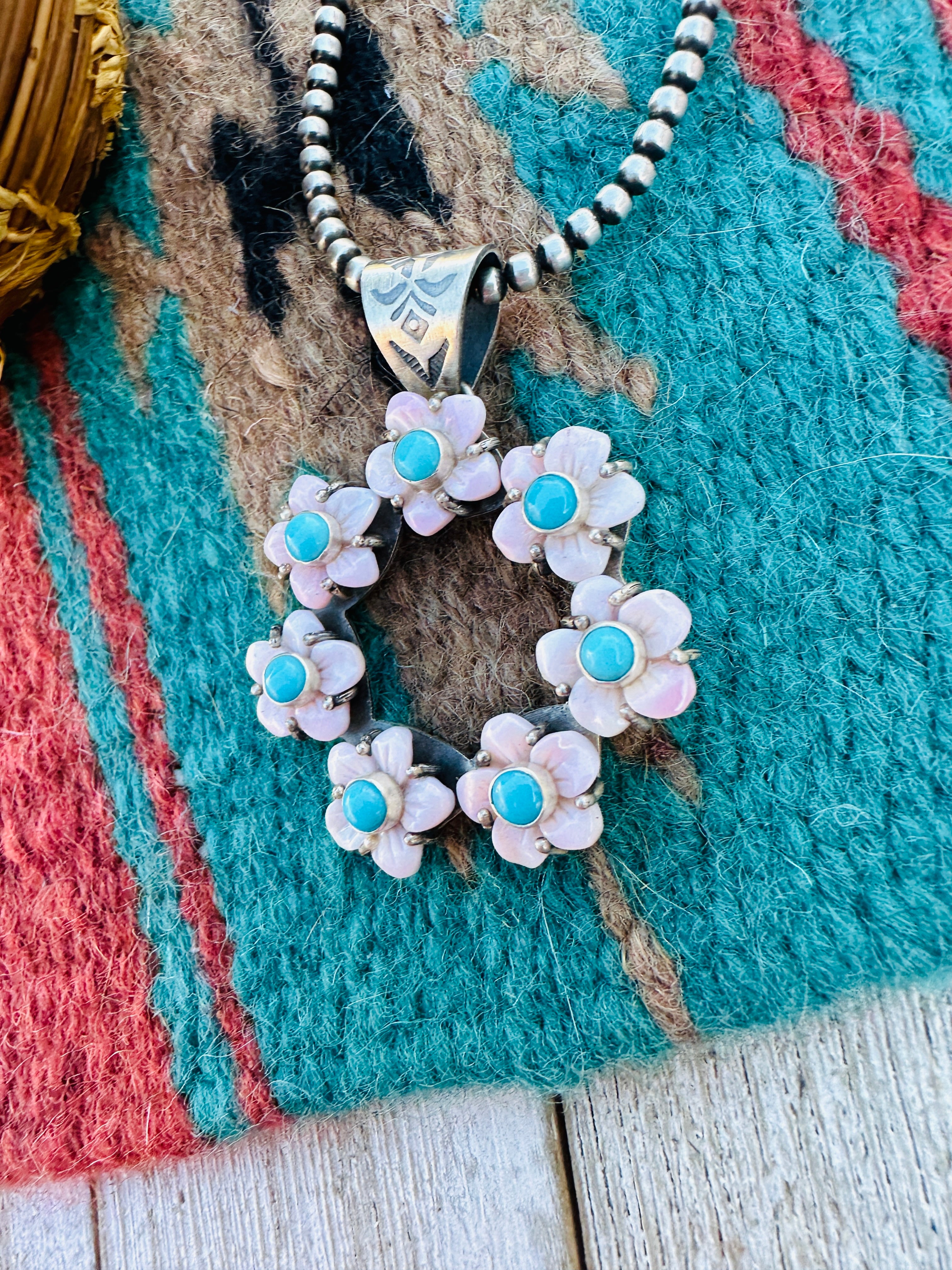 Handcrafted Sterling Silver, Queen Pink Conch & Turquoise Flower Pendant