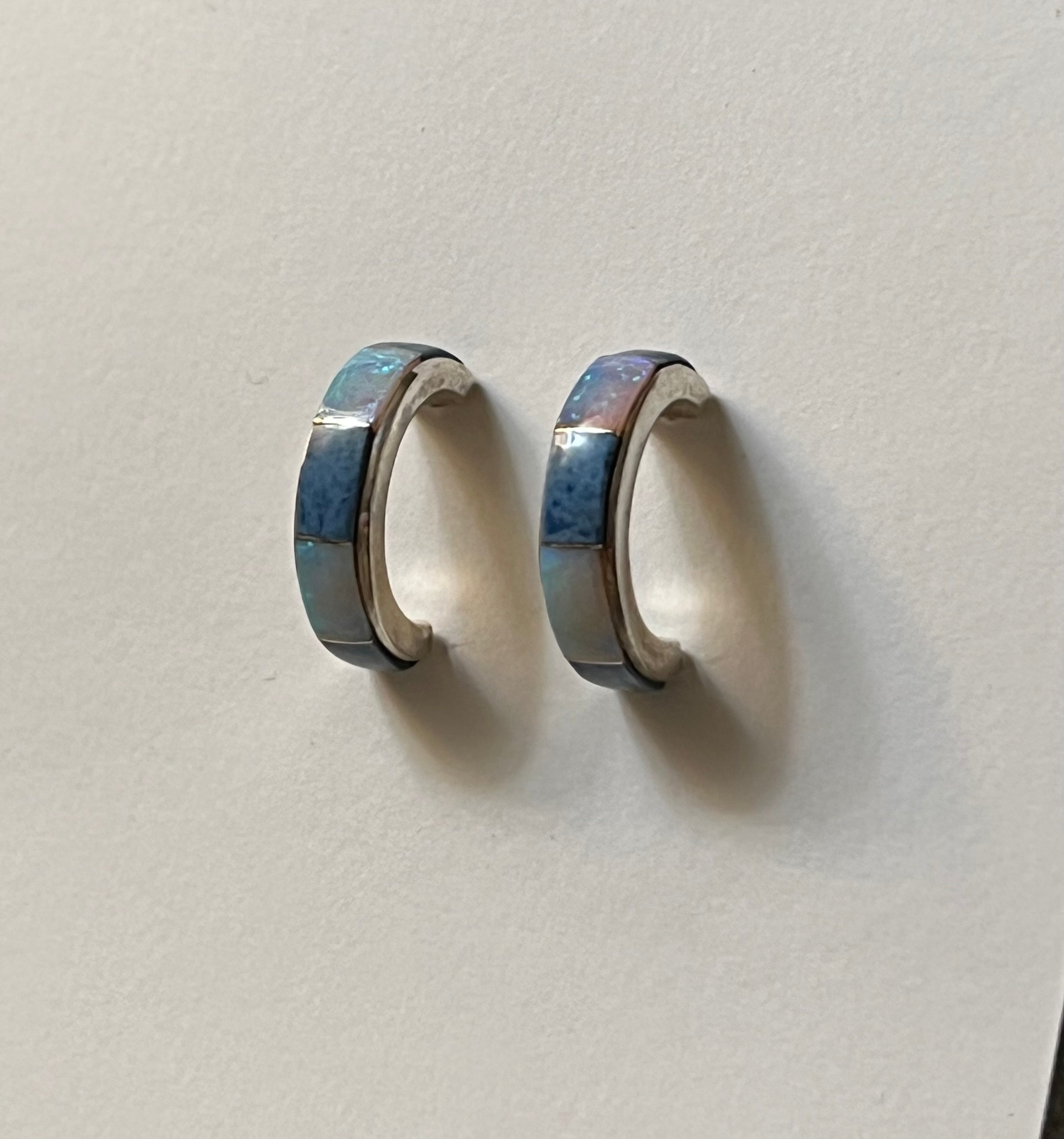 Handmade Sterling Silver With Blue, White, & Purple Opal Hoop Post Earrings