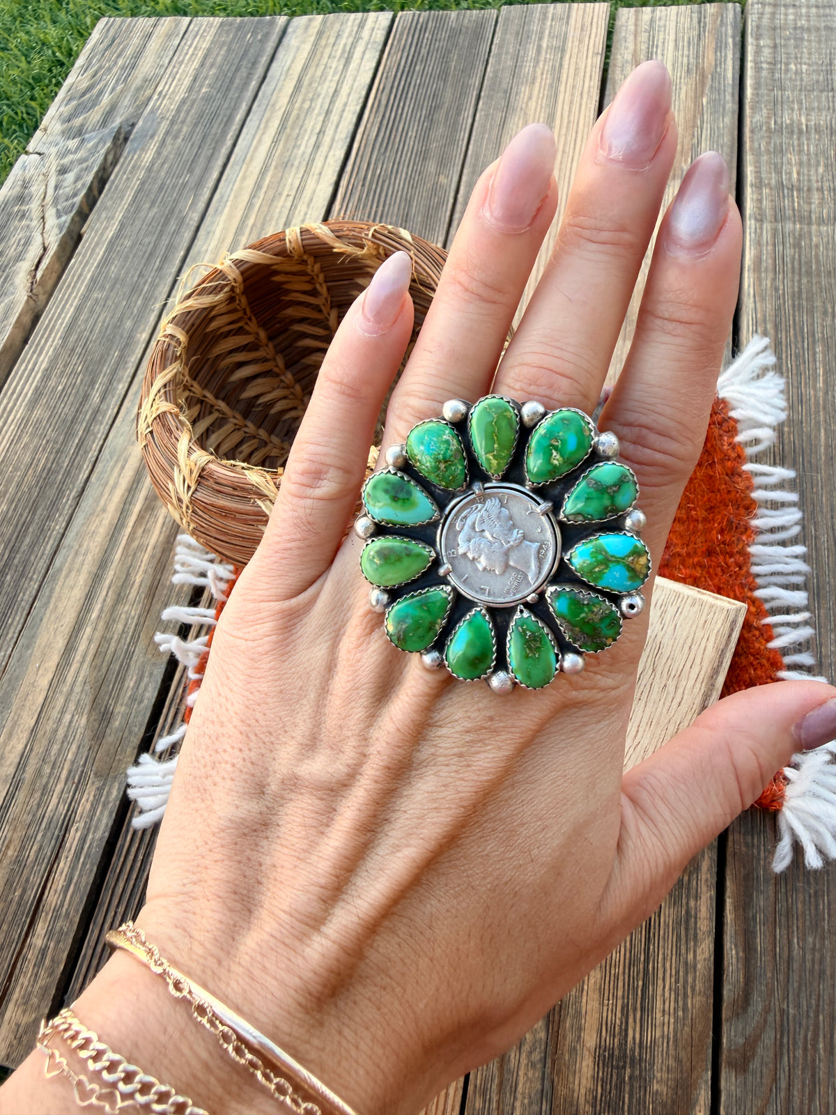 Handcrafted Sonoran Mountain Turquoise & Sterling Silver Liberty Dime Adjustable Ring by Michael Thomas Jr
