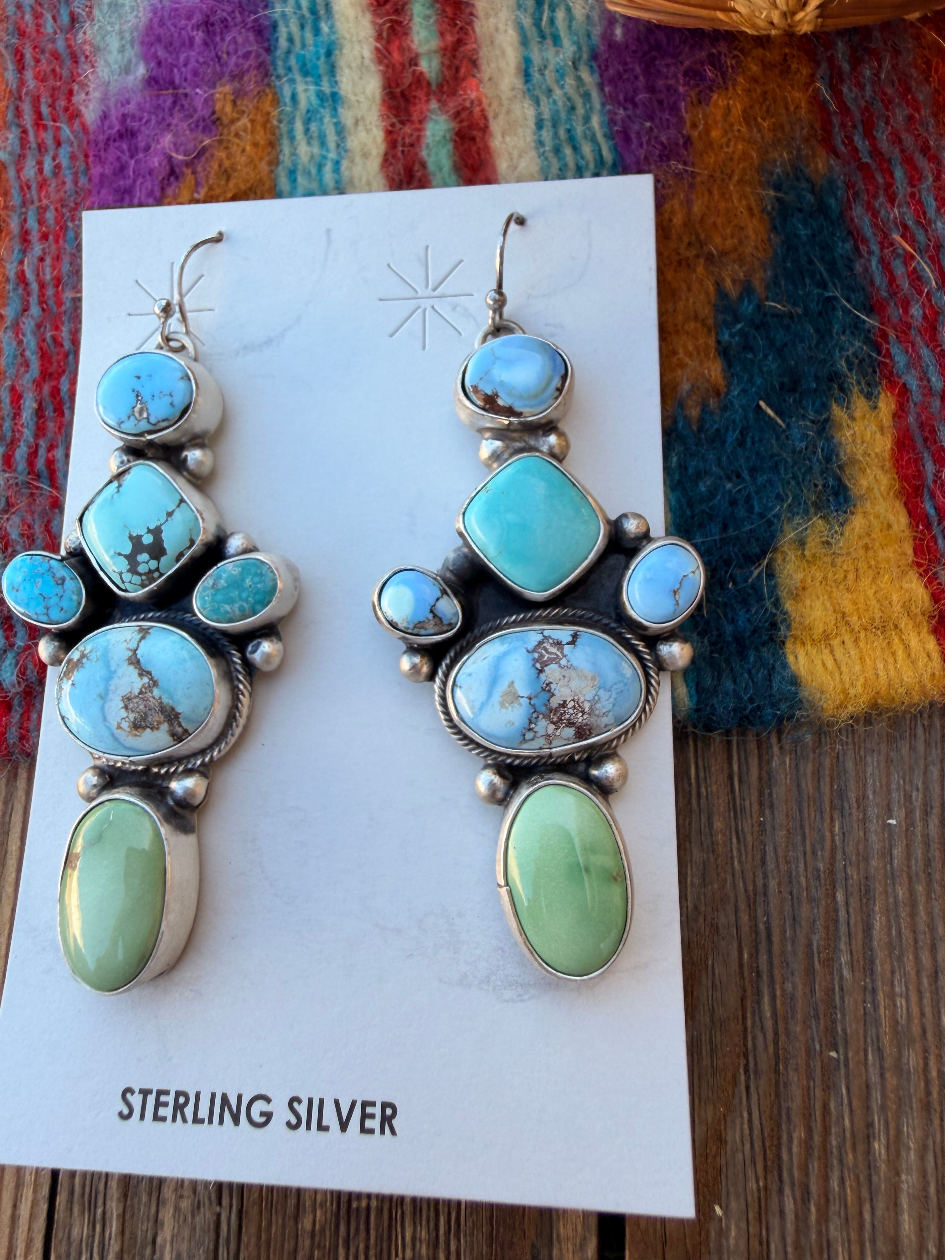 Handcrafted Multi Turquoise & Sterling Silver Cluster Dangle Earrings by Travis Jim