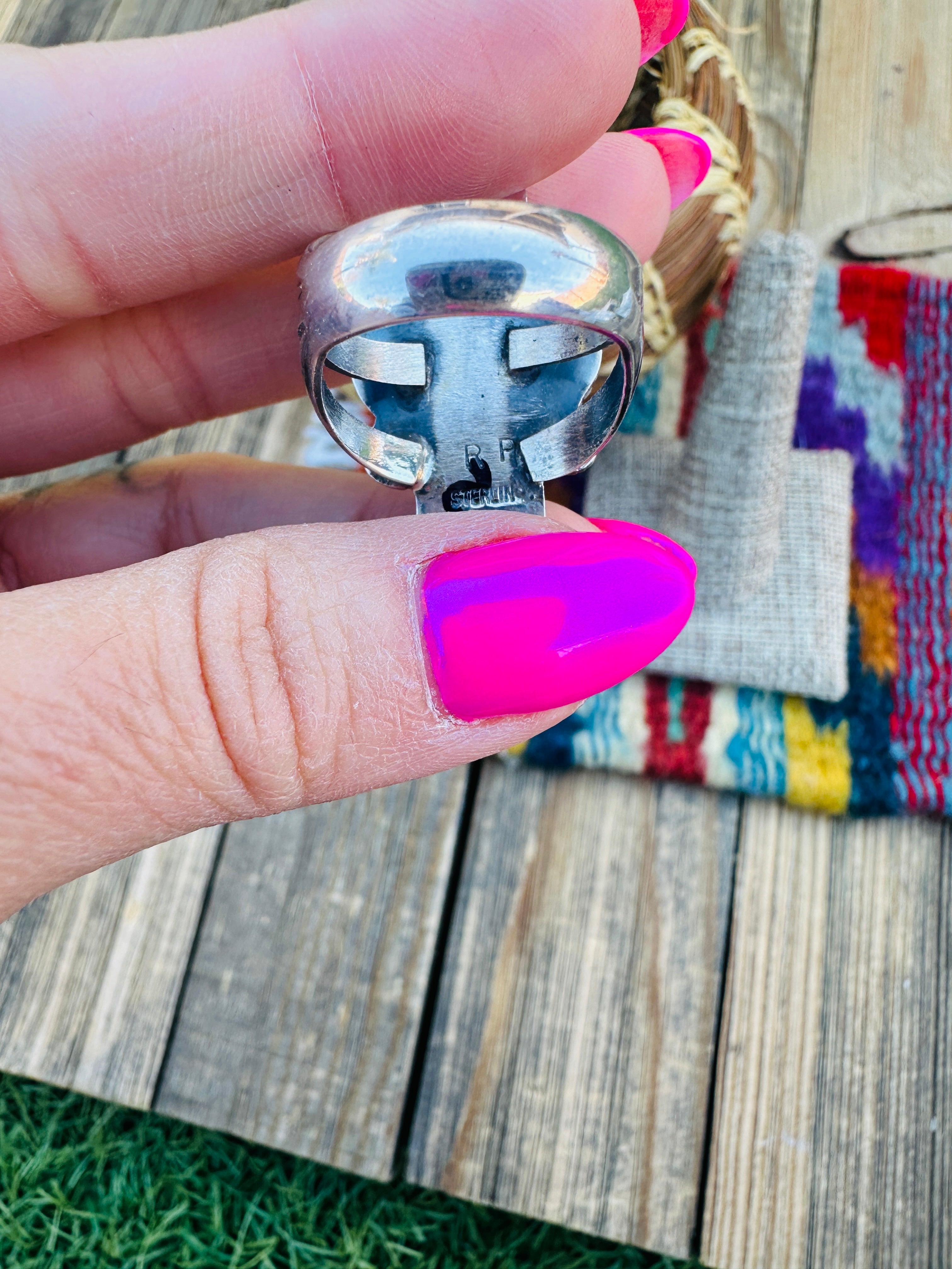 Handcrafted Turquoise, Spiny Oyster & Sterling Silver Ring 8 by Rosella Paxson