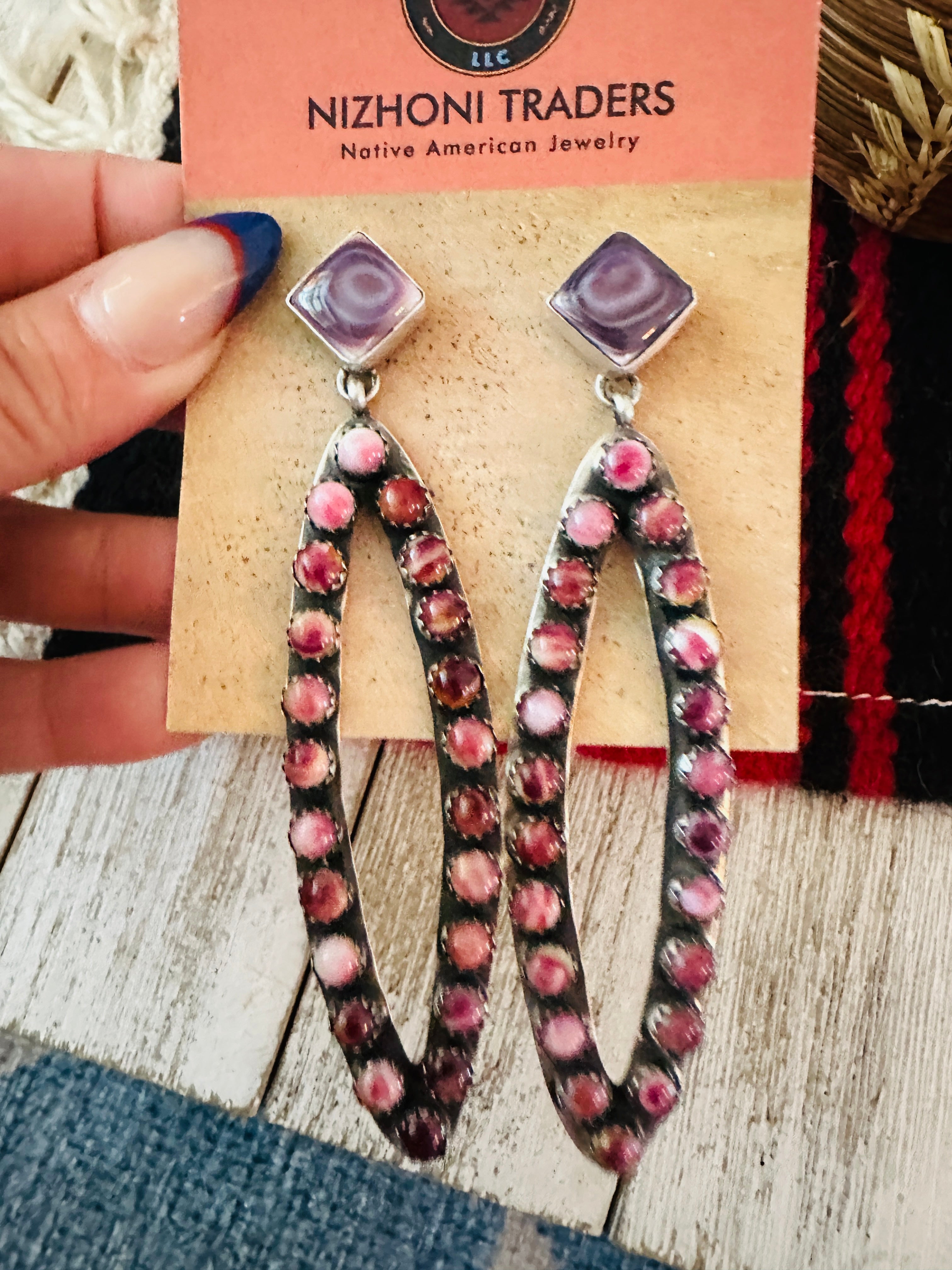 Handcrafted Sterling Silver & Purple Spiny Cluster Marquise Dangle Earrings