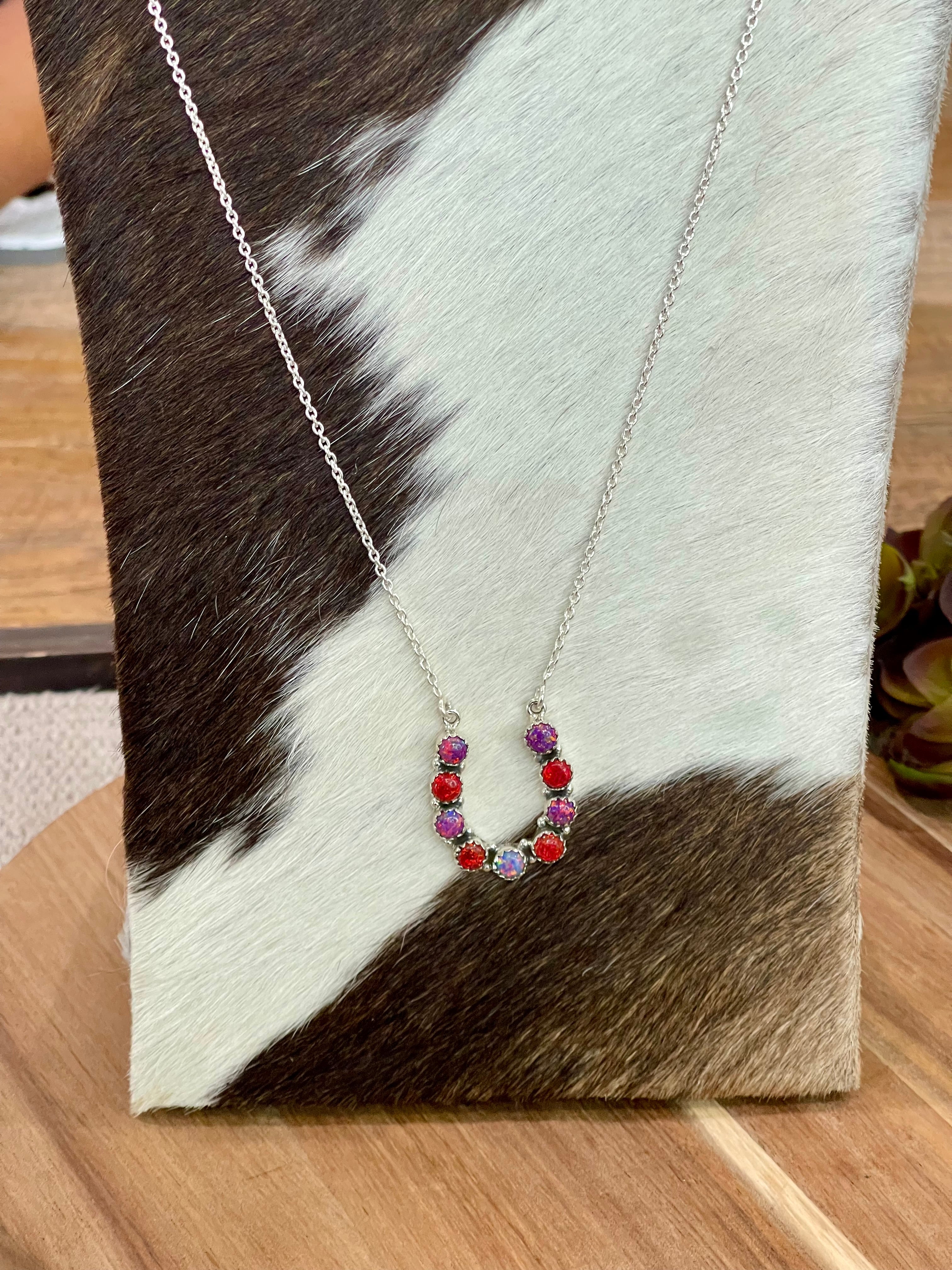 Handmade Sterling Silver, Red Fire Opal & Purple Fire Opal Horseshoe Necklace