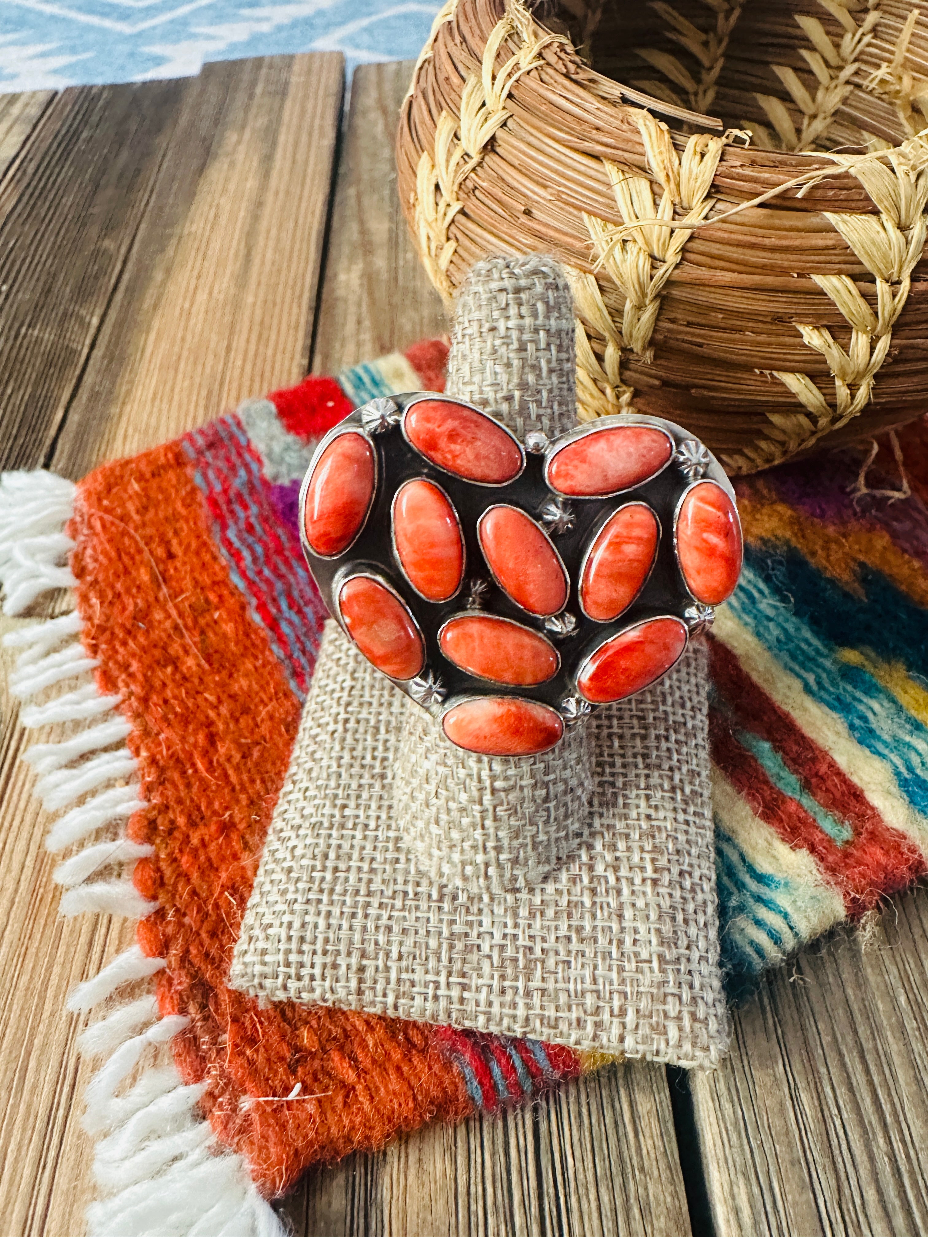 Handcrafted Spiny Oyster & Sterling Silver Adjustable Heart Ring by Jacqueline Silver