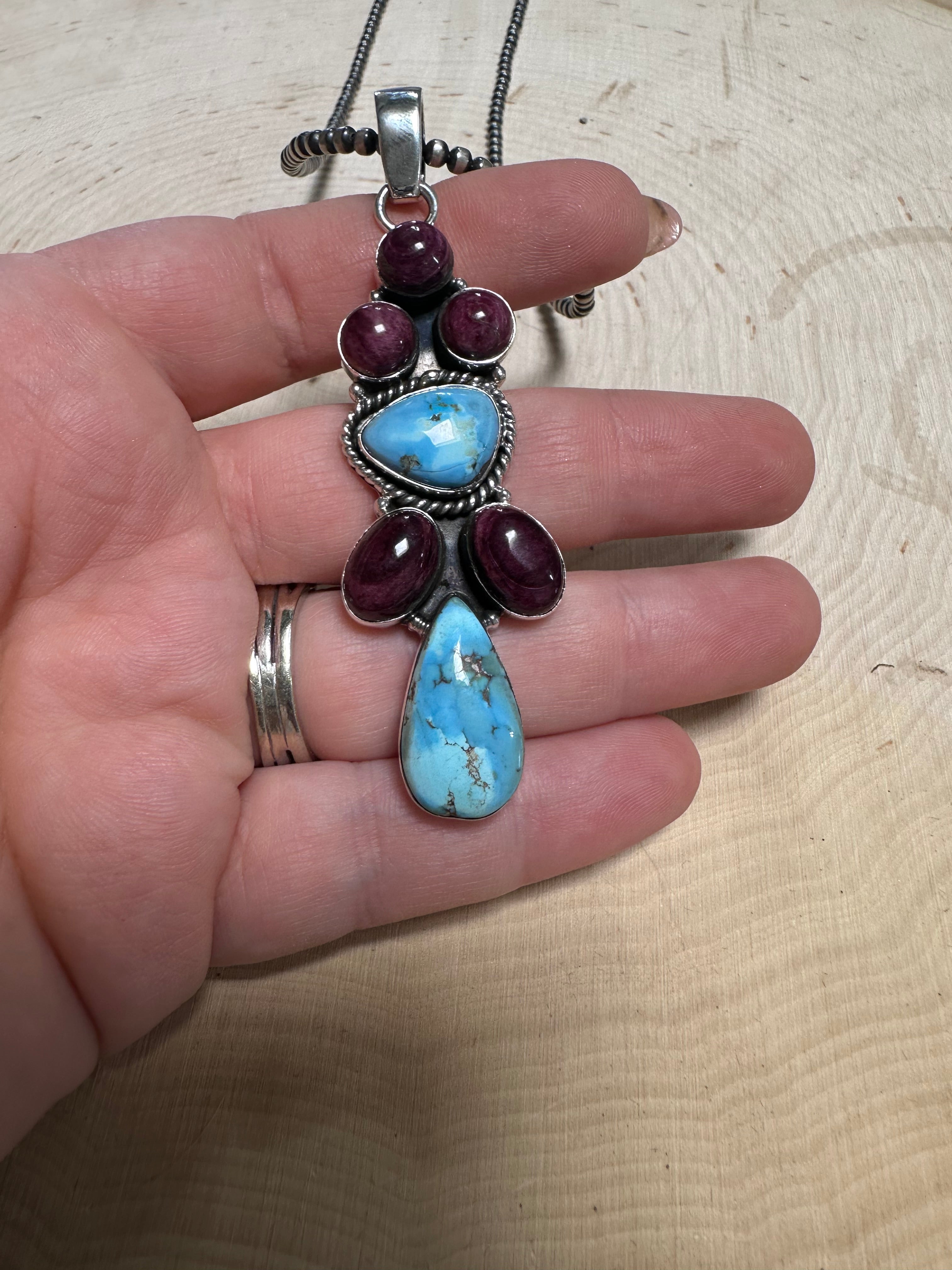 Handmade Sterling Silver, Golden Hills Turquoise, Purple Spiny Pendant Signed Nizhoni