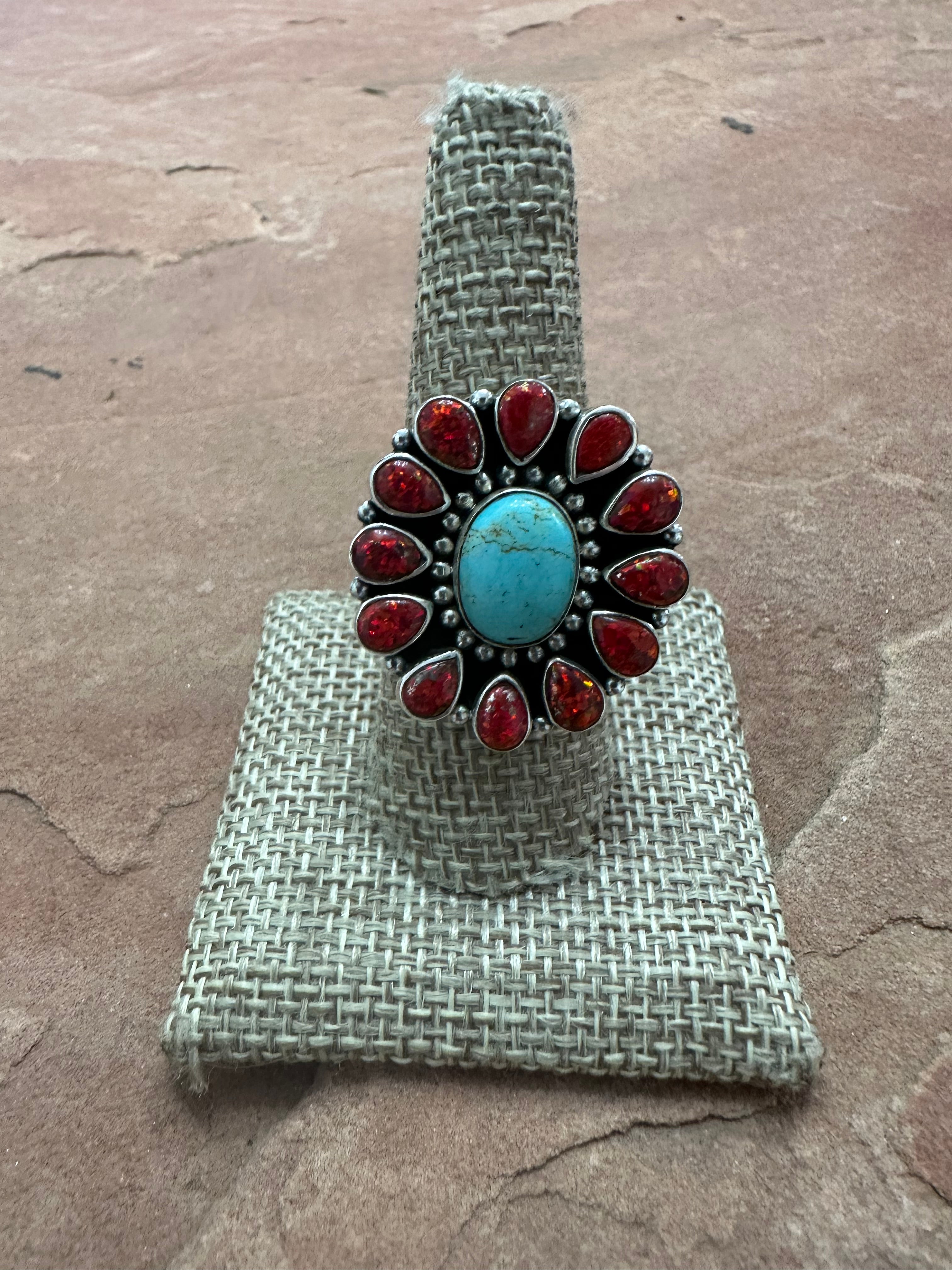 Handmade Red Fire Opal, Turquoise & Sterling Silver Adjustable Ring Signed Nizhoni