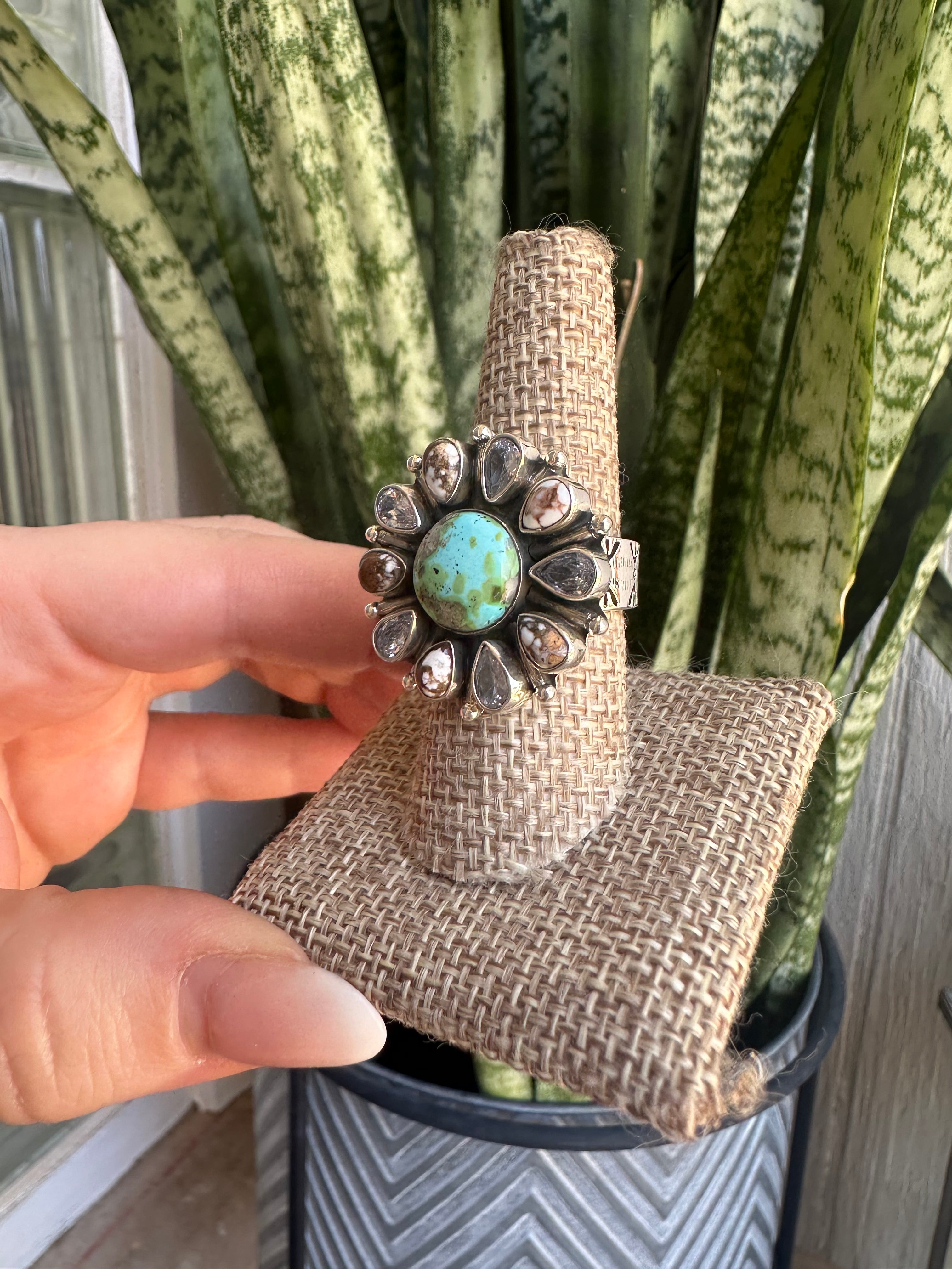 Beautiful Handmade Wild Horse, Sonoran Mountain Turquoise, CZ And Sterling Silver Adjustable Ring