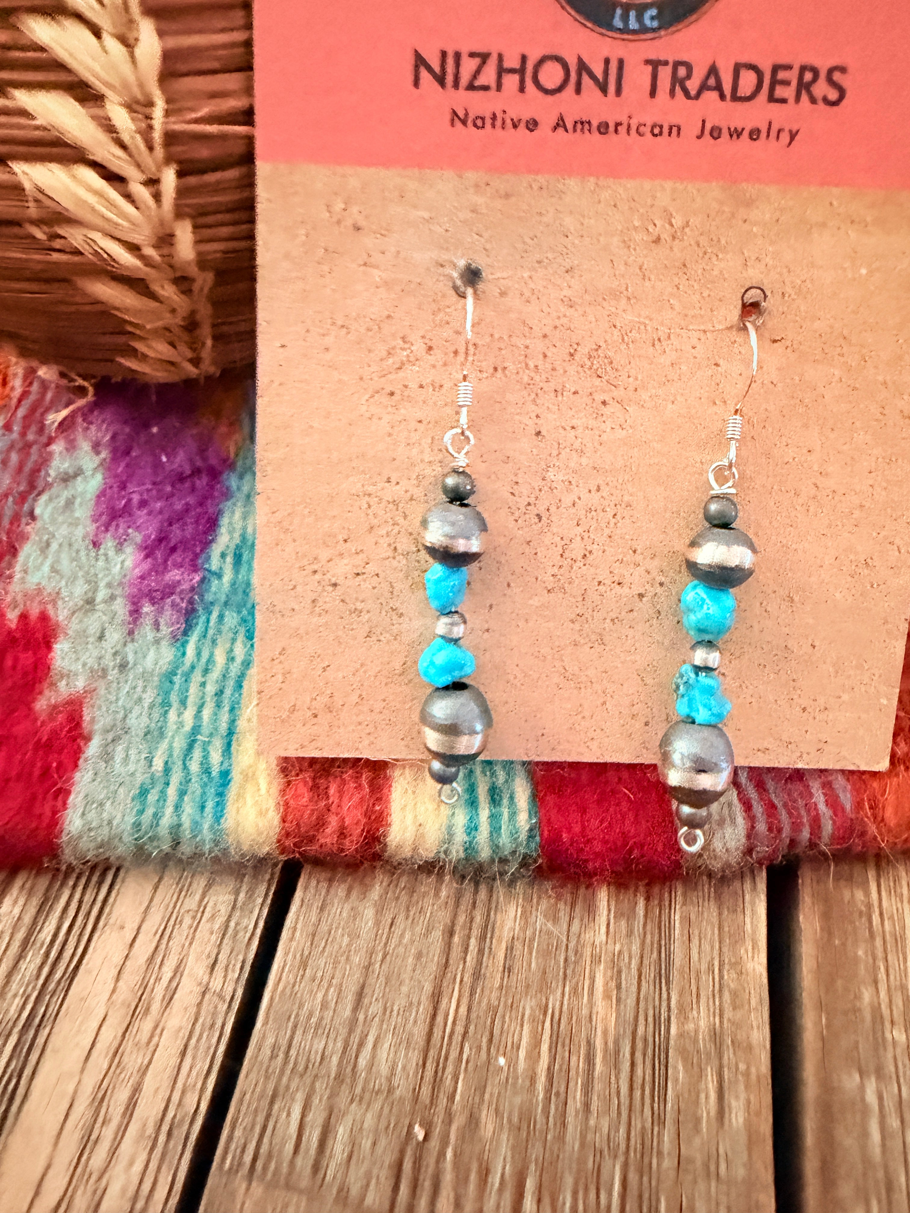 Handcrafted Turquoise & Sterling Silver Pearl Beaded Dangle Earrings