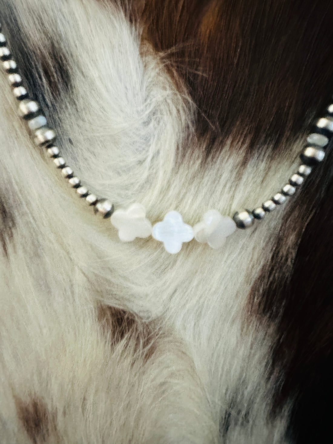 Handcrafted Mother of Pearl & Sterling Silver Pearl 18” Cross Beaded Necklace