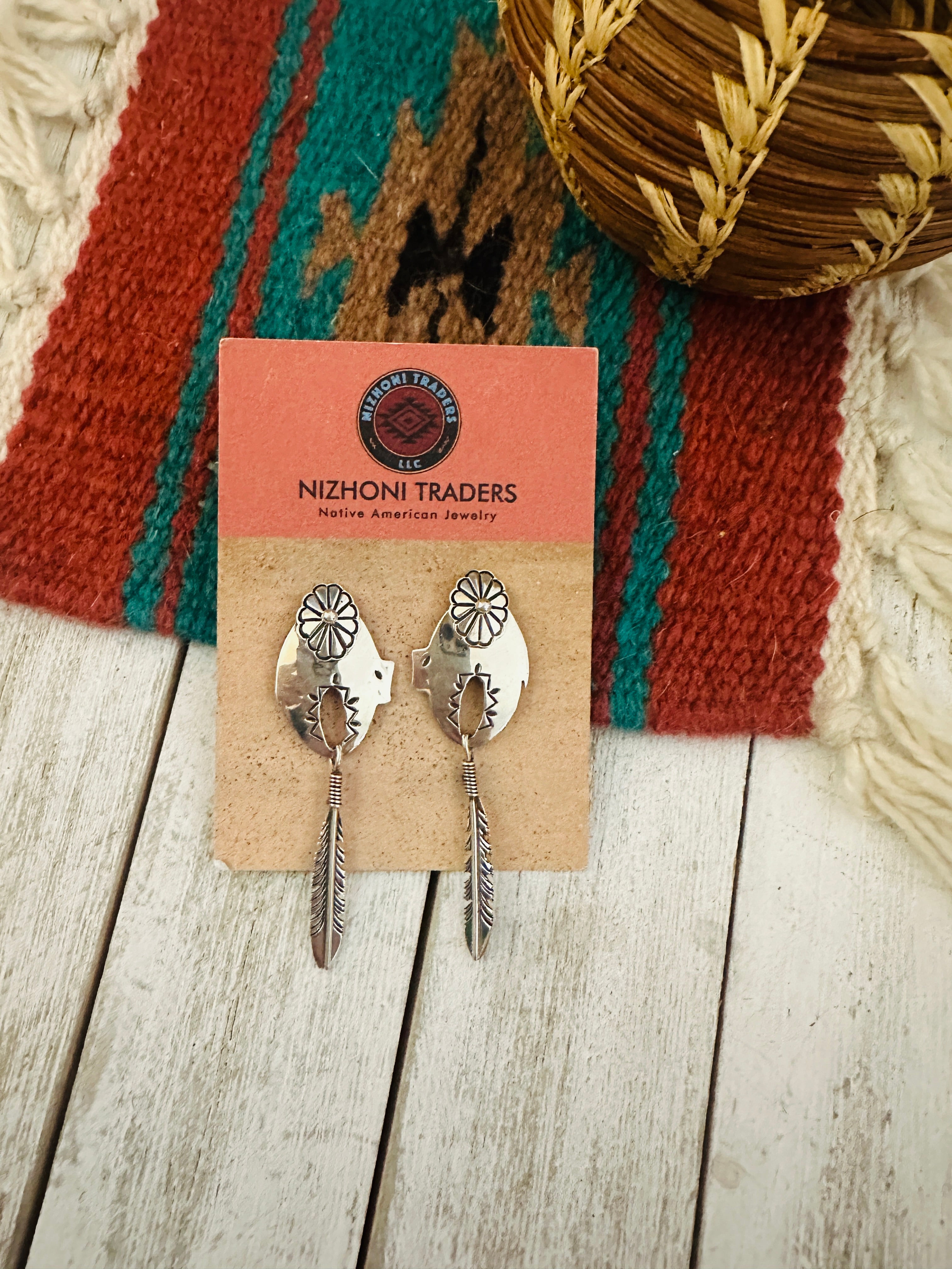 Navajo Concho Sterling Silver Feather Dangle Earrings