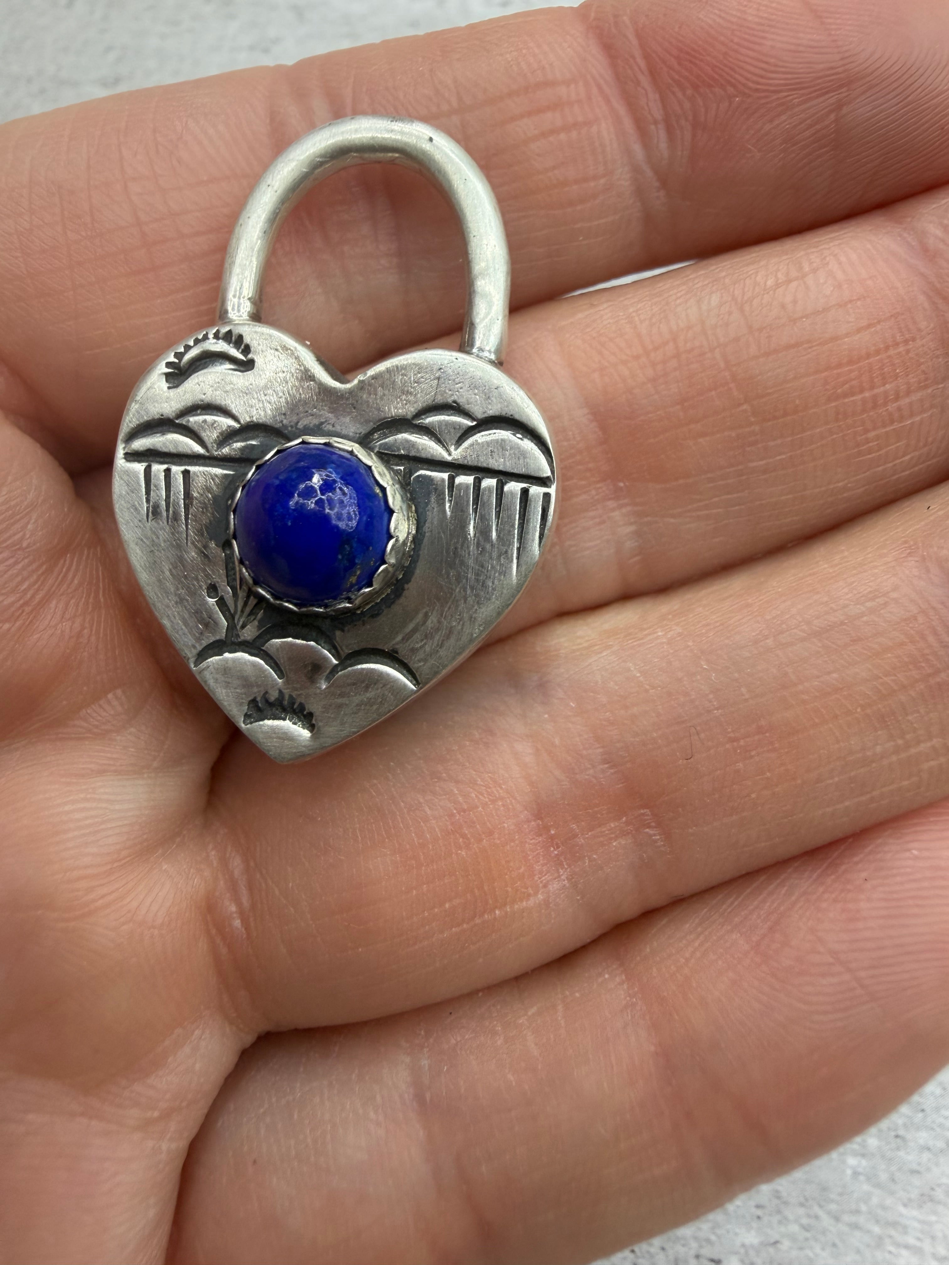 Sterling Silver Heart Padlock Pendant with Lapis Stone