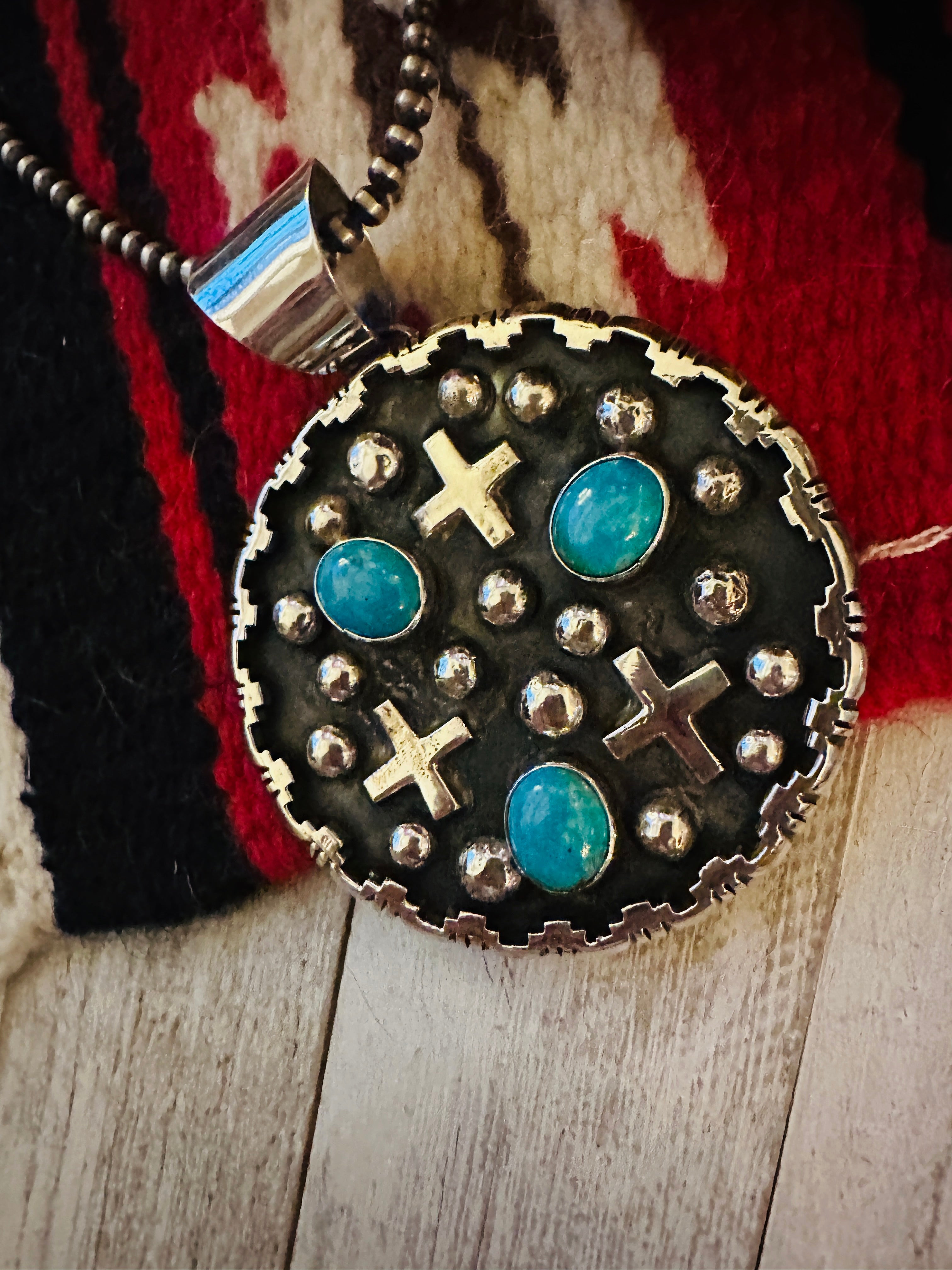 Navajo Sterling Silver & Turquoise Cross Pendant by Chimney Butte