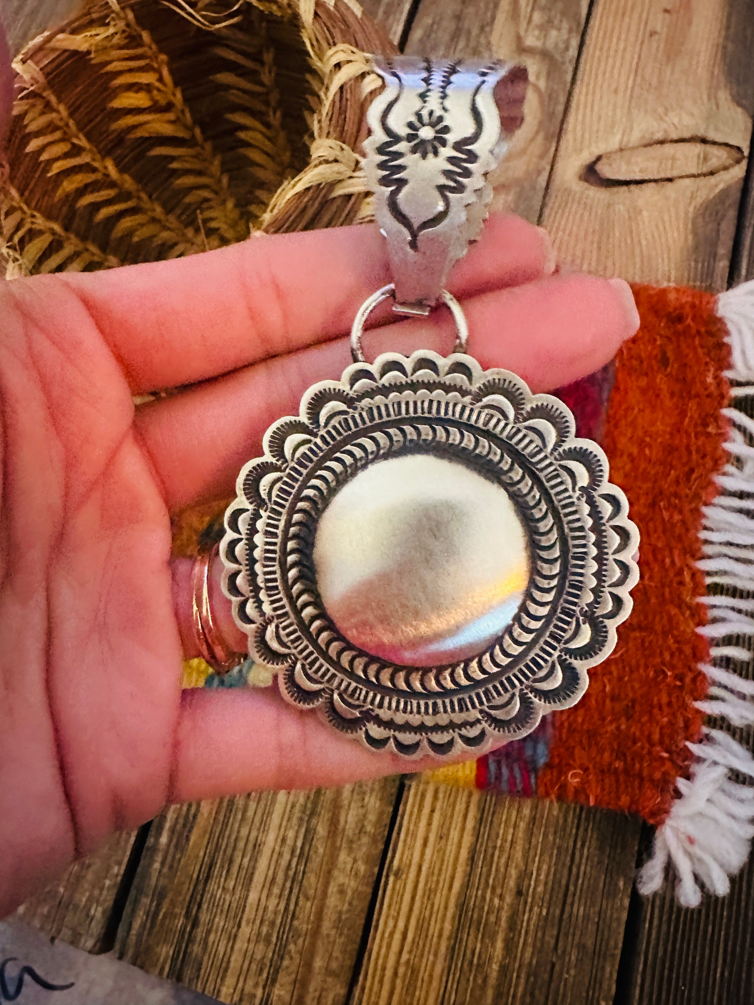 Handcrafted Sterling Silver Concho Pendant by Leander Tahe