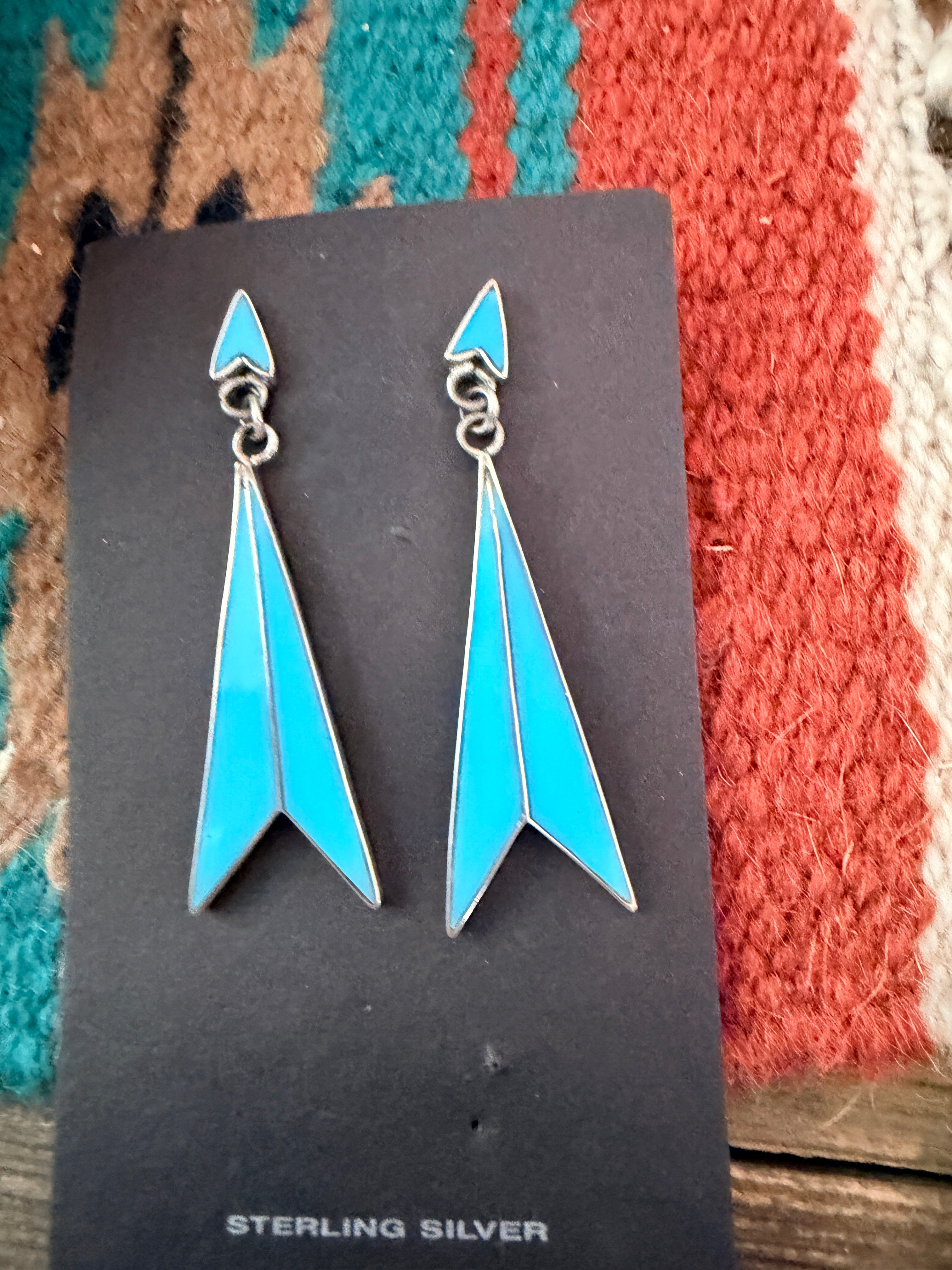 Old Pawn Handcrafted Sterling Silver & Turquoise Inlay Dangle Earrings