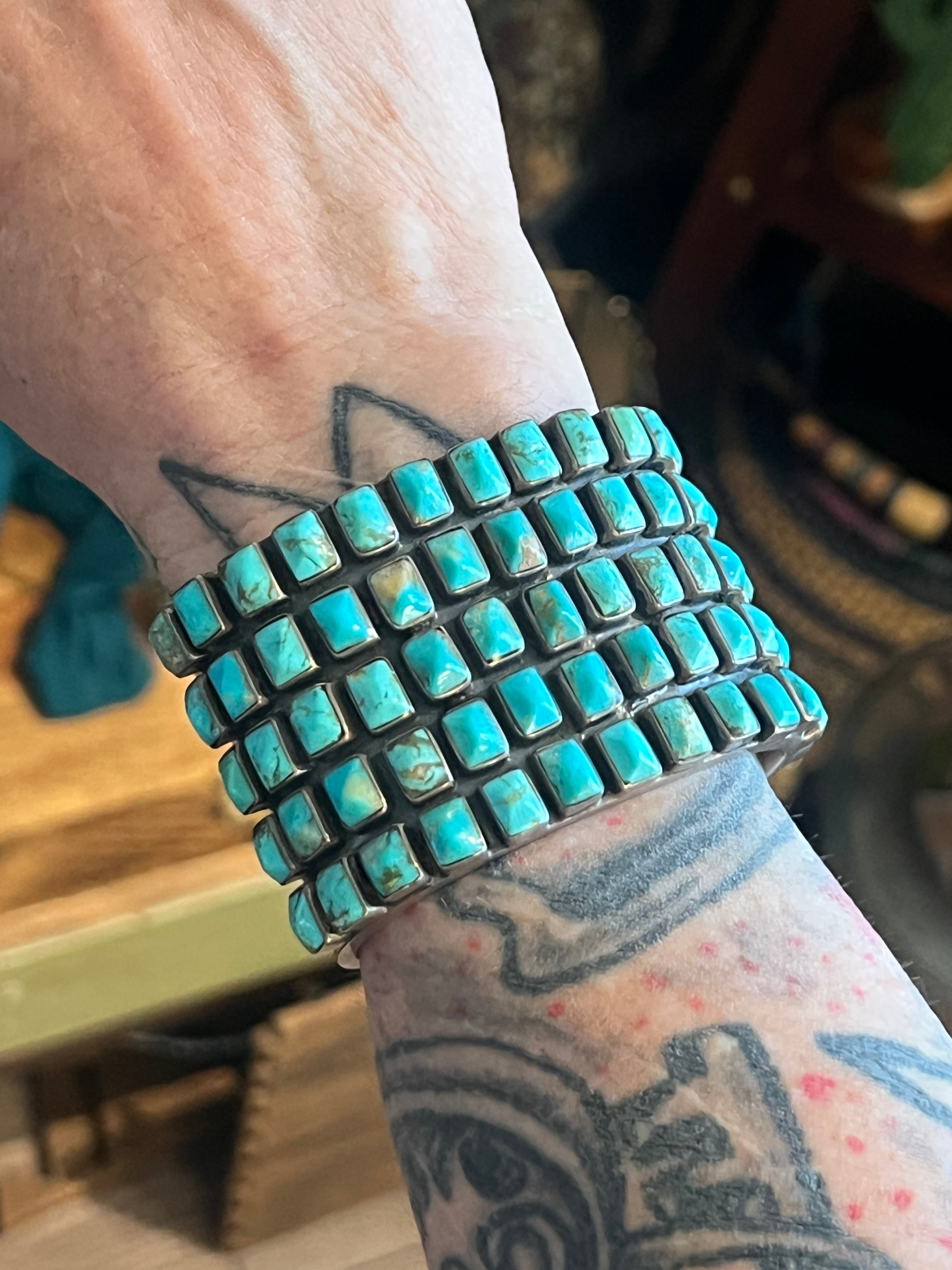 Hefty Old Pawn Sterling Silver and Turquoise 5 Row Cuff Bracelet by Federico Jimenez