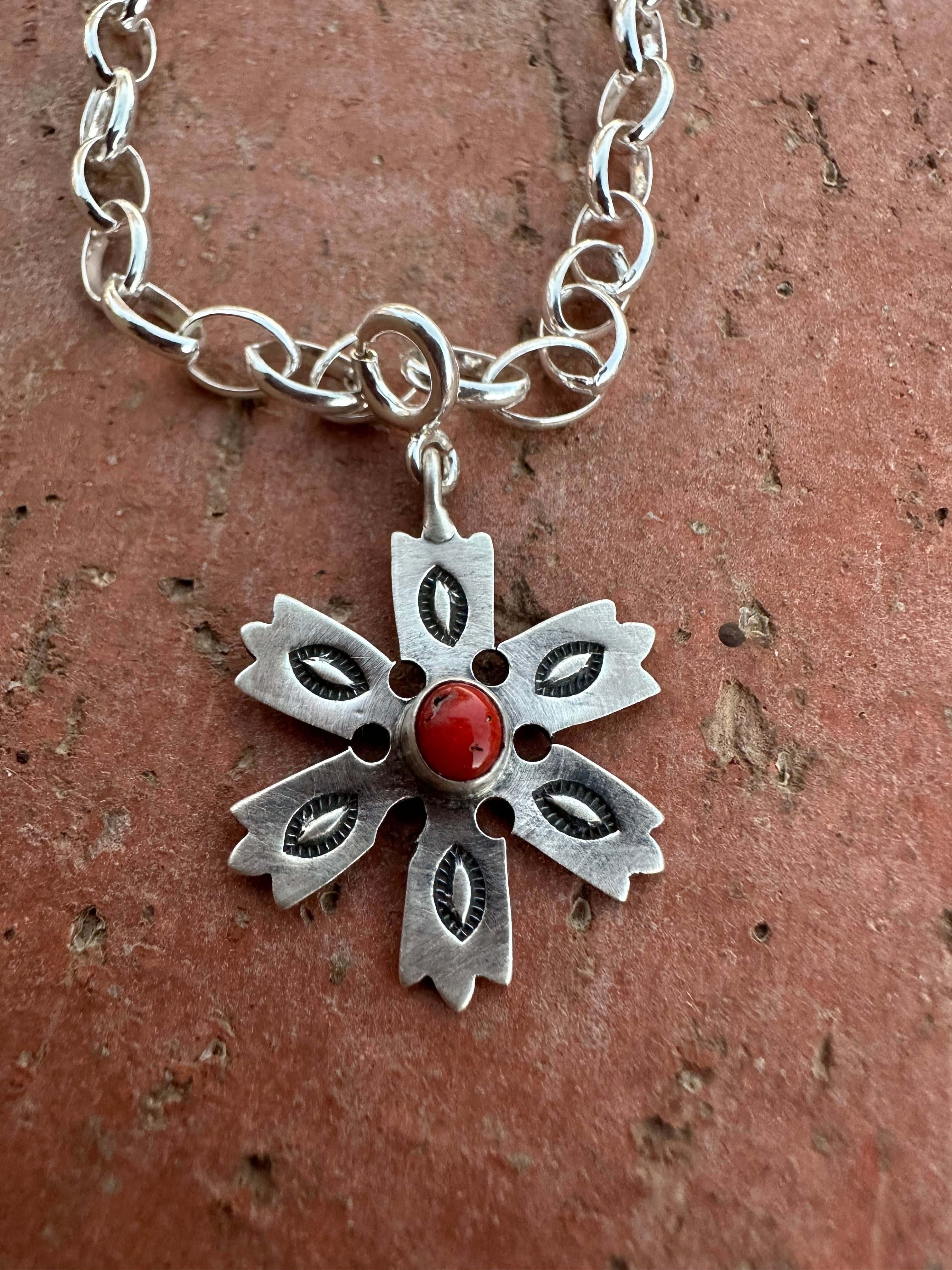 Handmade Sterling Silver and Coral CHRISTMAS SNOWFLAKE Charm