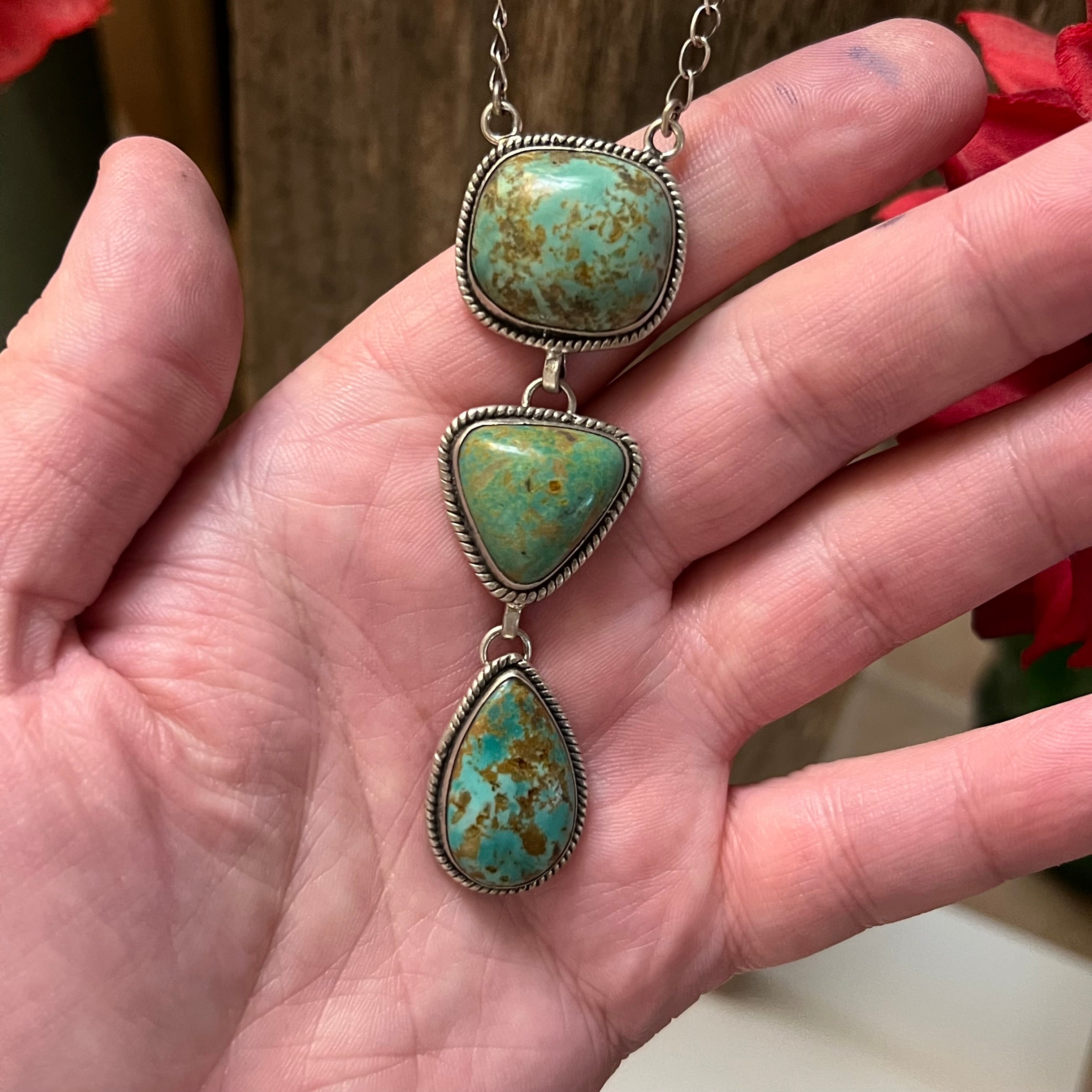 Handmade 3 Stone Turquoise & Sterling Silver Drop Necklace (06)