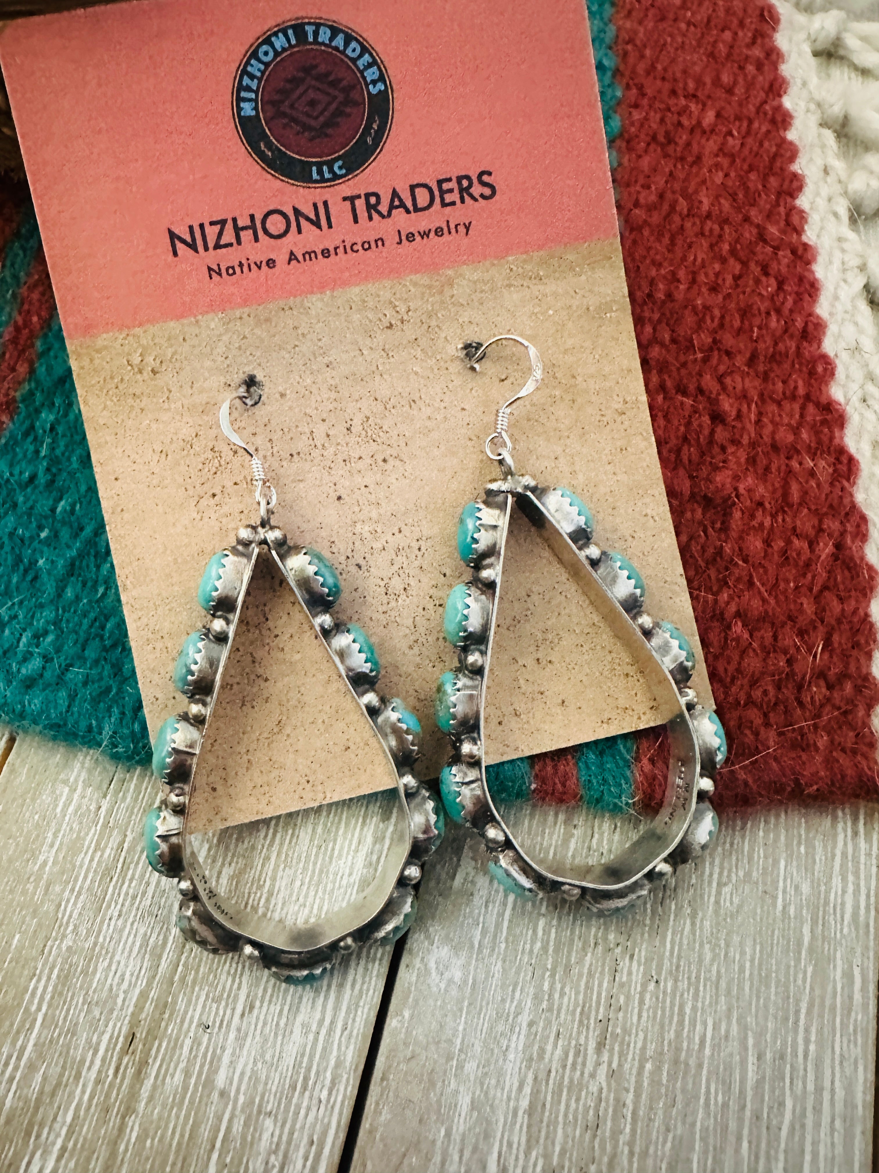 Handcrafted Turquoise & Sterling Silver Dangle Hoop Earrings