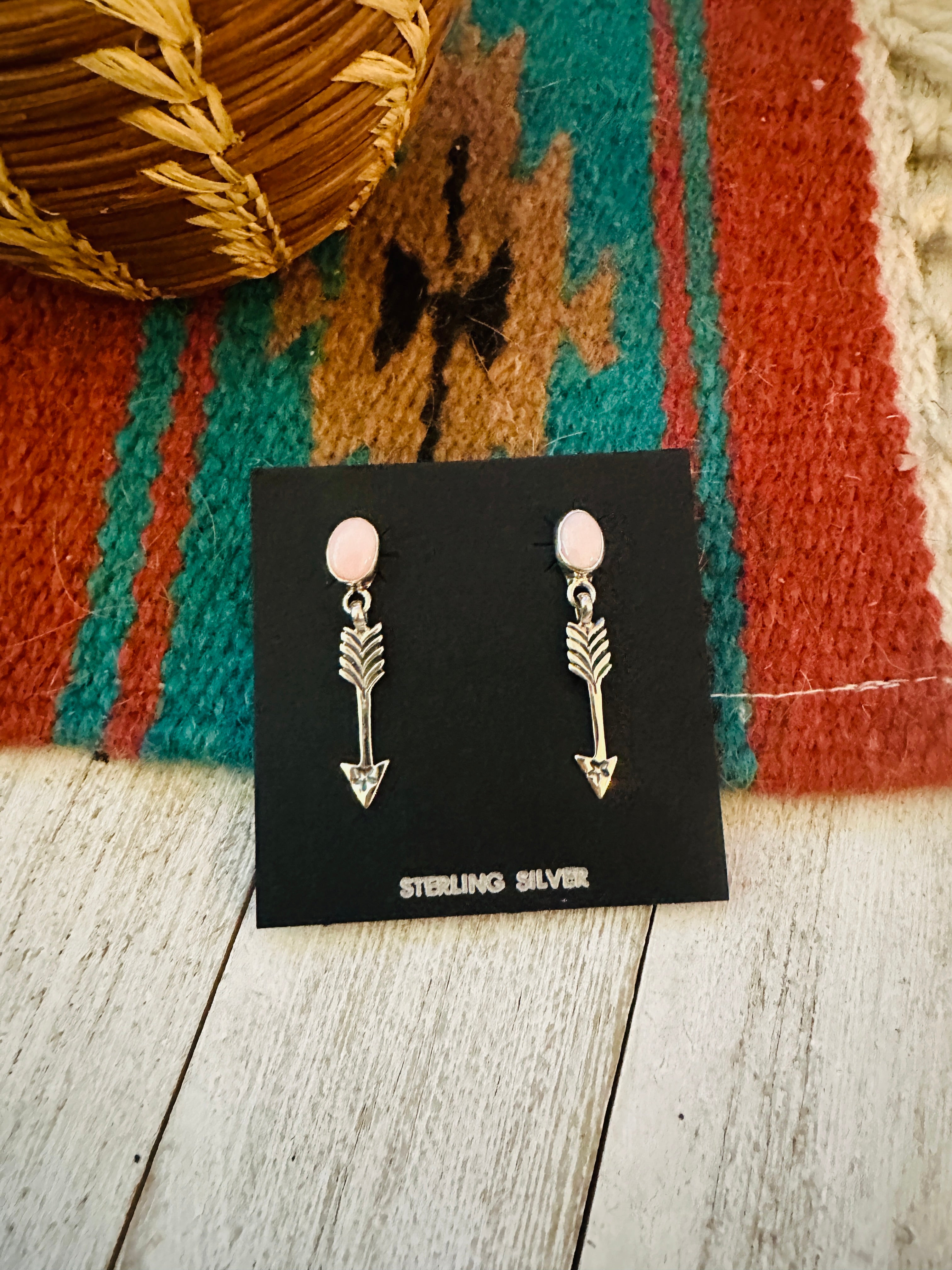 Navajo Queen Pink Conch & Sterling Silver Arrow Dangle Earrings