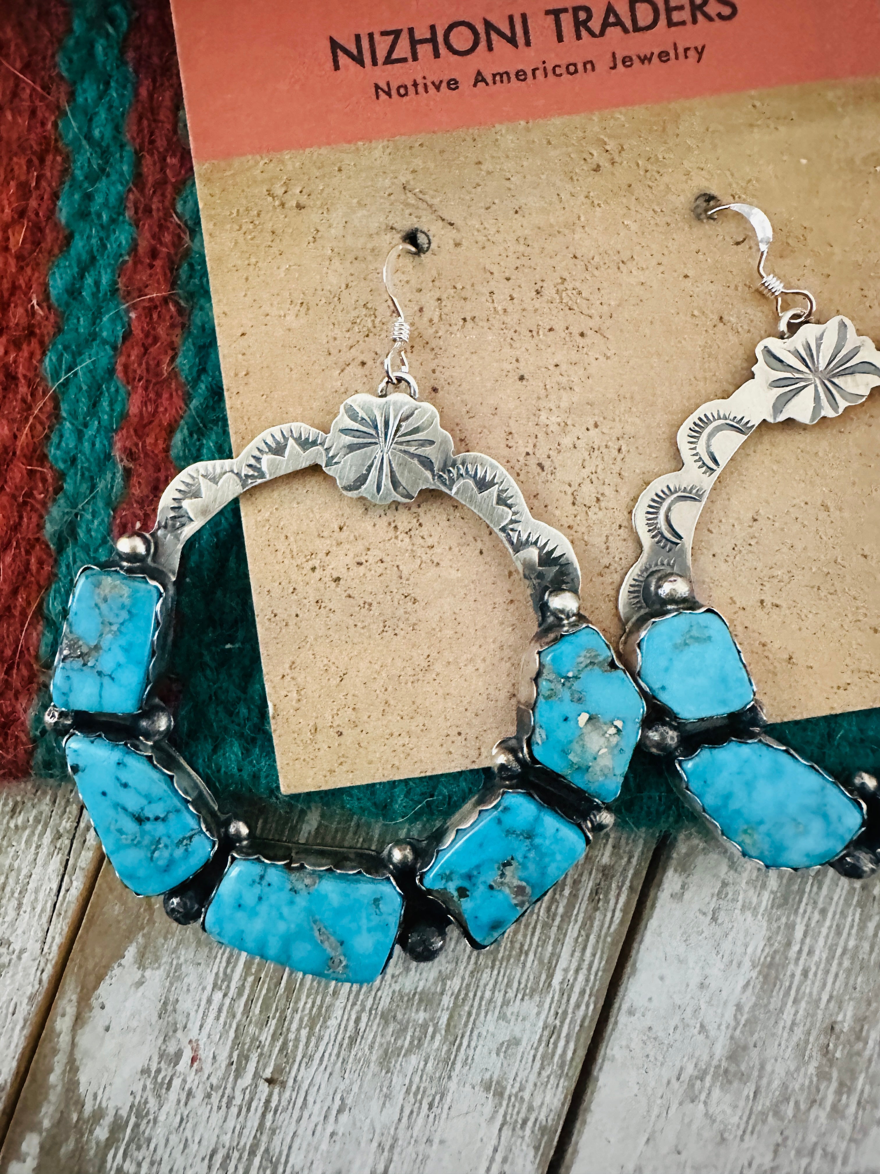 Handcrafted Turquoise & Sterling Silver Dangle Hoop Earrings