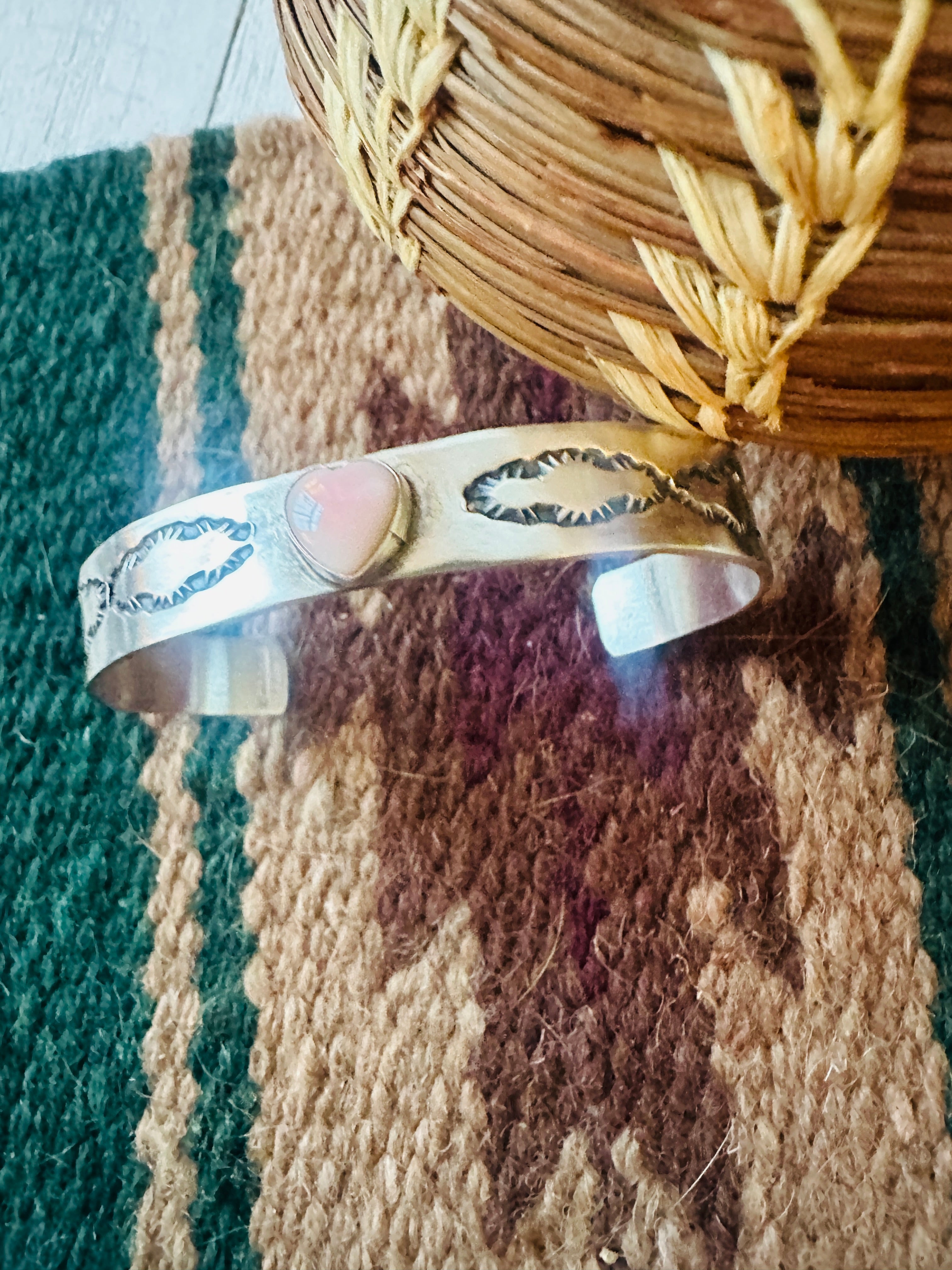 Navajo Queen Pink Conch Shell & Sterling Silver Heart Cuff Bracelet