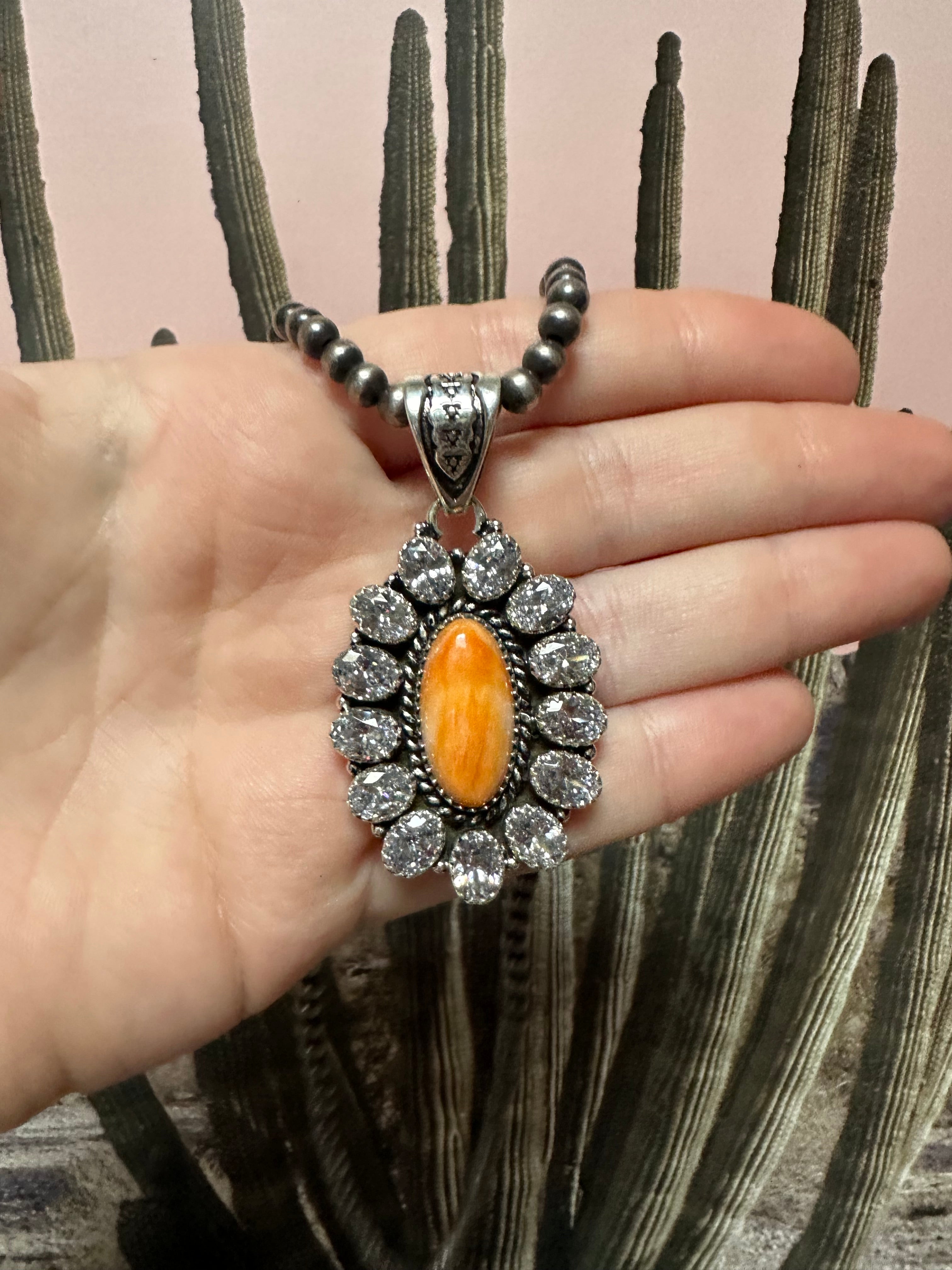 Beautiful Handmade Sterling Silver, Orange Spiny & CZ Pendant