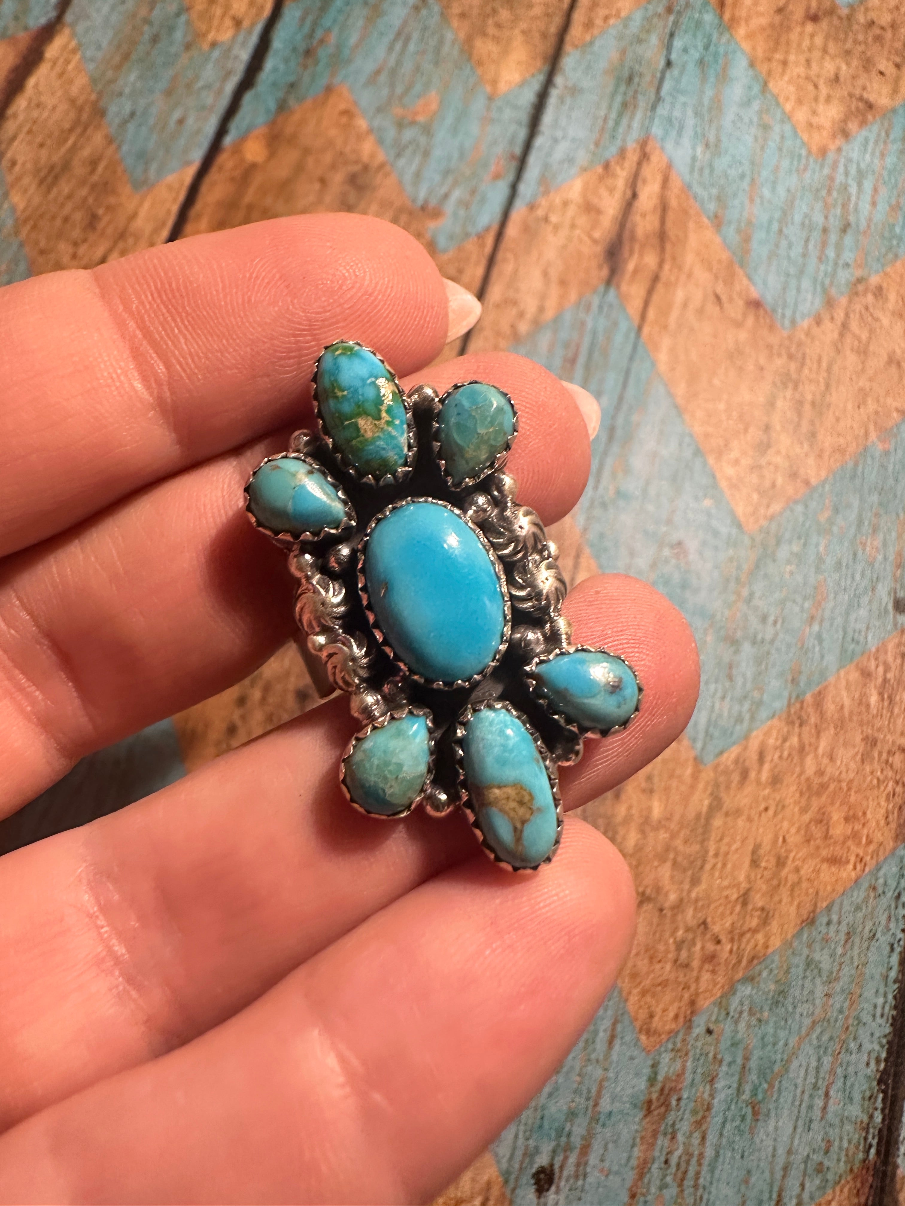 Beautiful Handmade Sonoran Turquoise And Sterling Silver Adjustable Ring MORE BLUES