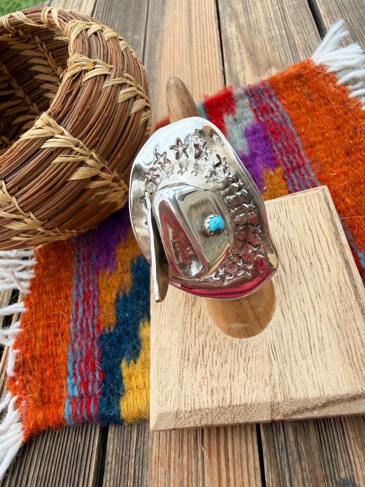 Handcrafted Turquoise and Sterling Silver Cowboy Hat Adjustable Ring