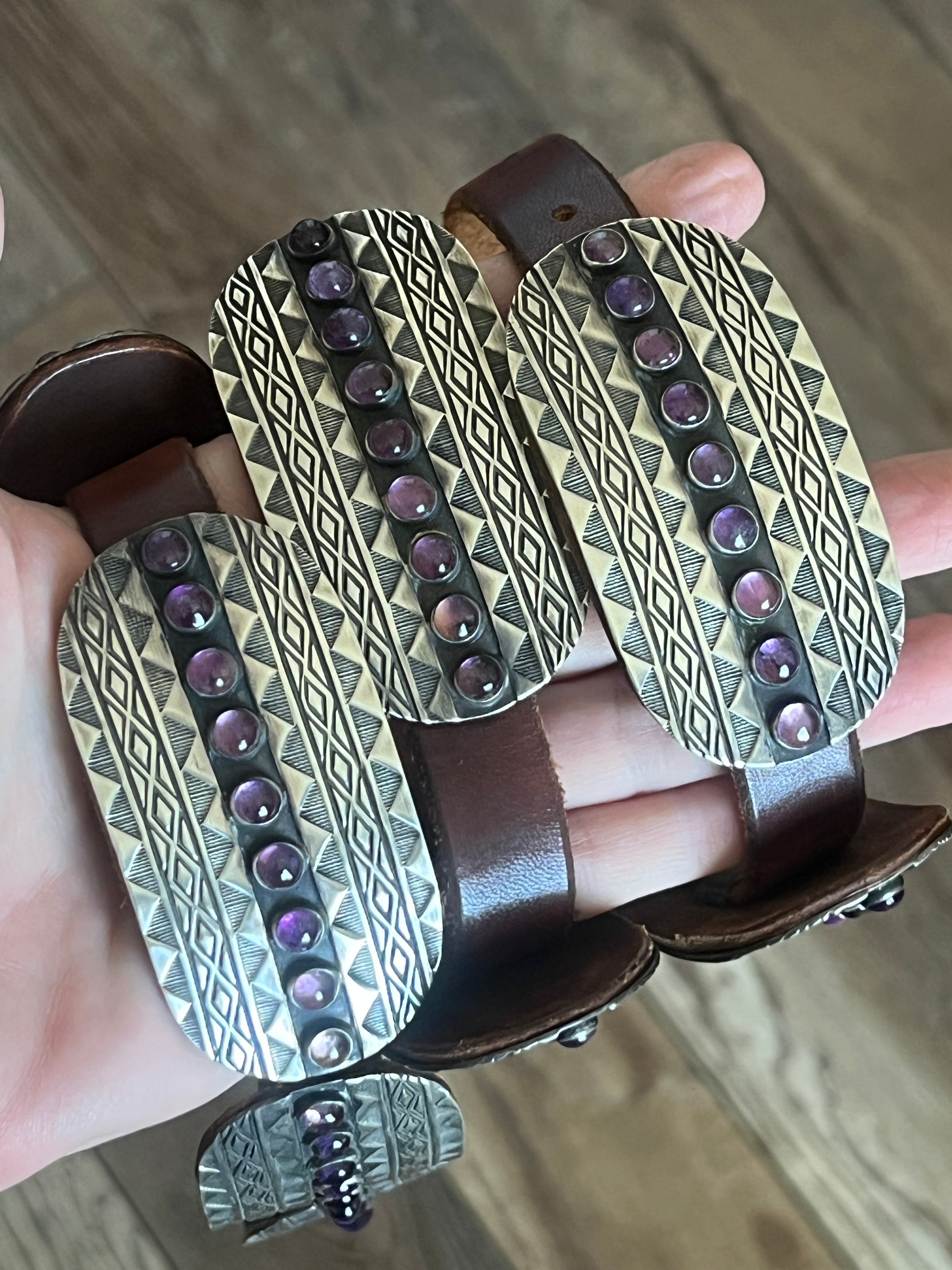 Stunning Old Pawn Handcrafted Sterling Silver and Amethyst Concho Belt by Seth Brown, Taos