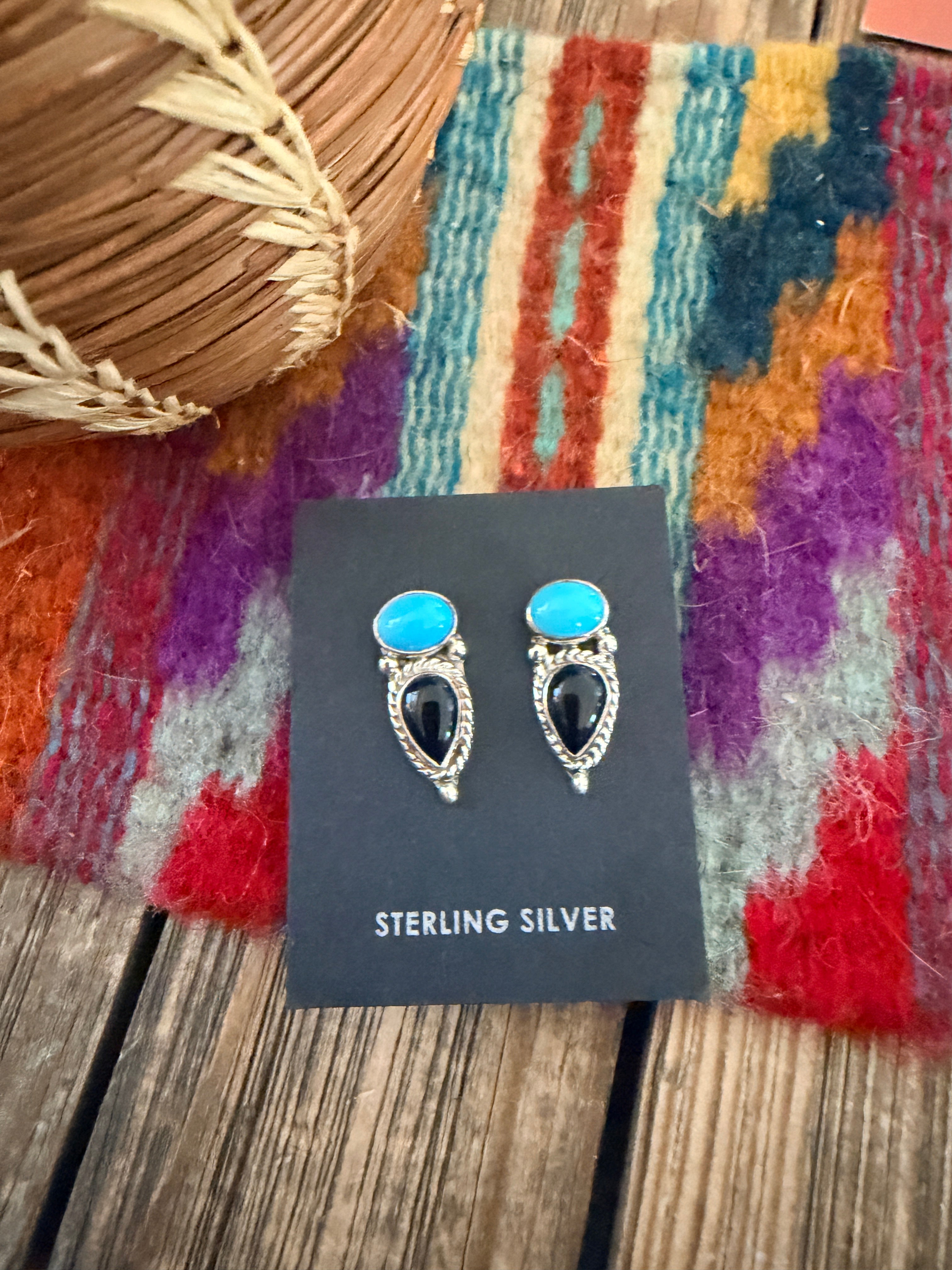 Handcrafted Turquoise, Onyx & Sterling Silver Stud Earrings by Jacqueline Silver