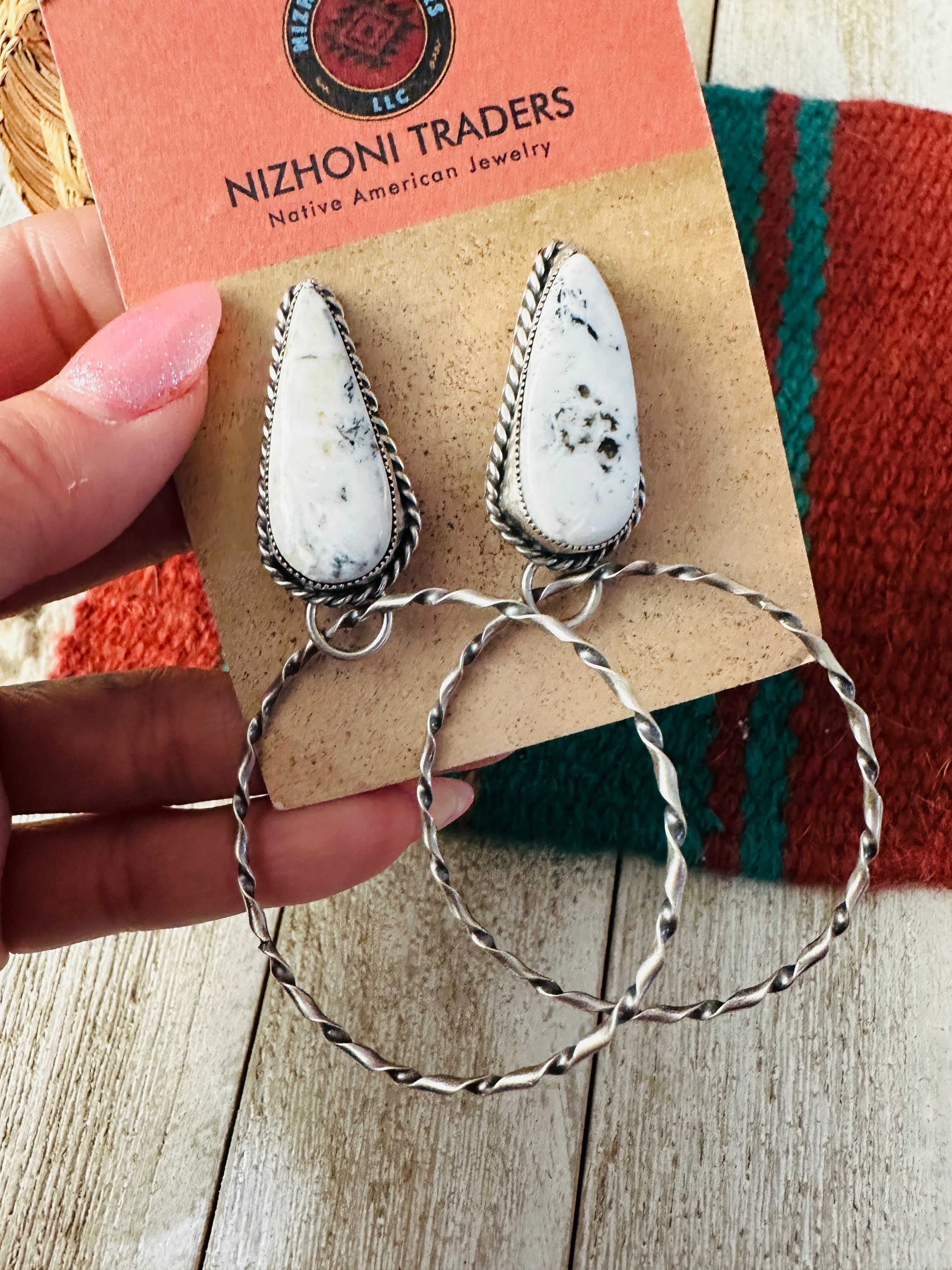 Handcrafted White Buffalo & Sterling Silver Dangle Hoop Earrings