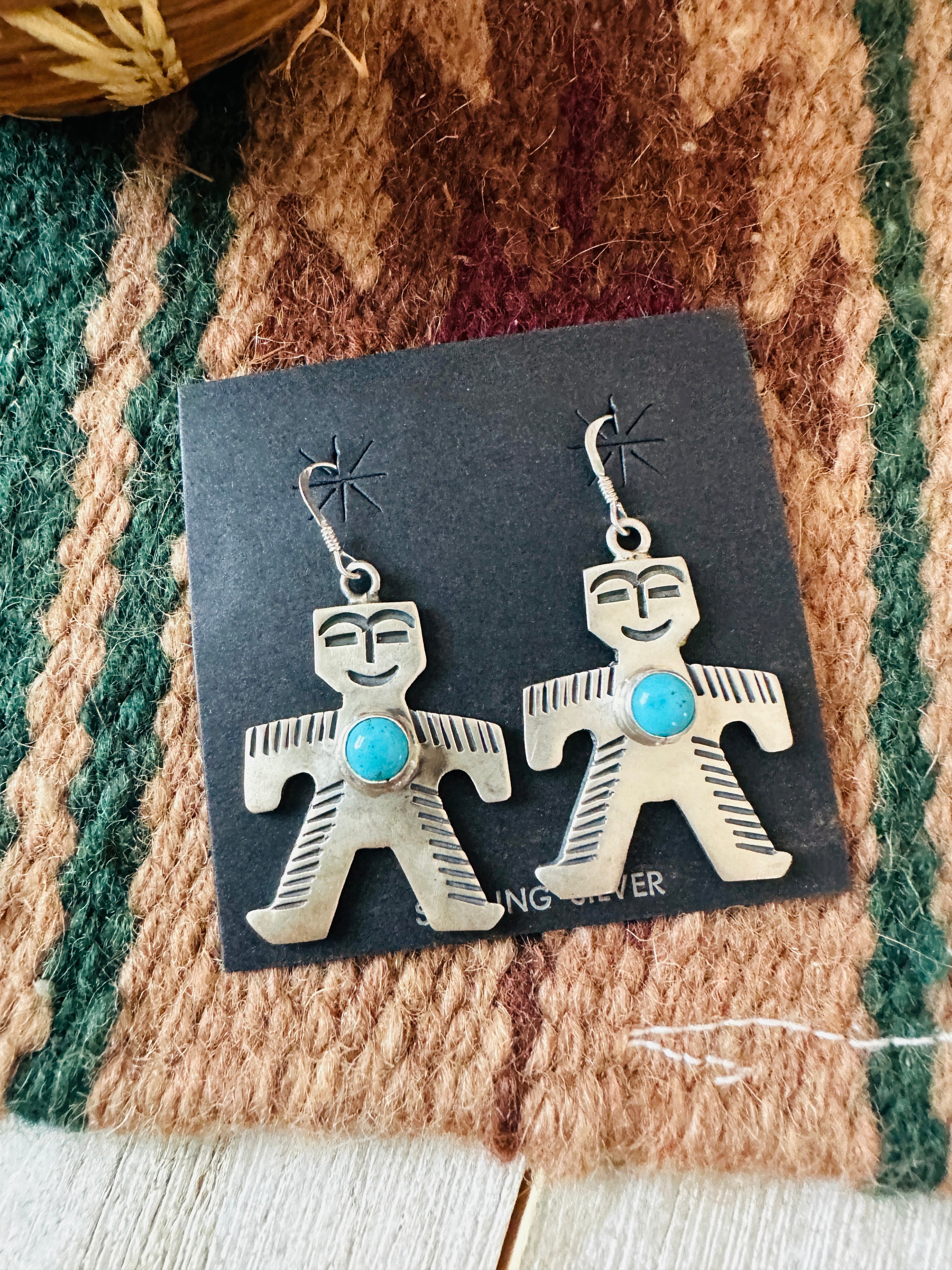 Handcrafted Turquoise and Sterling Silver Dancing Figure Dangle Earrings