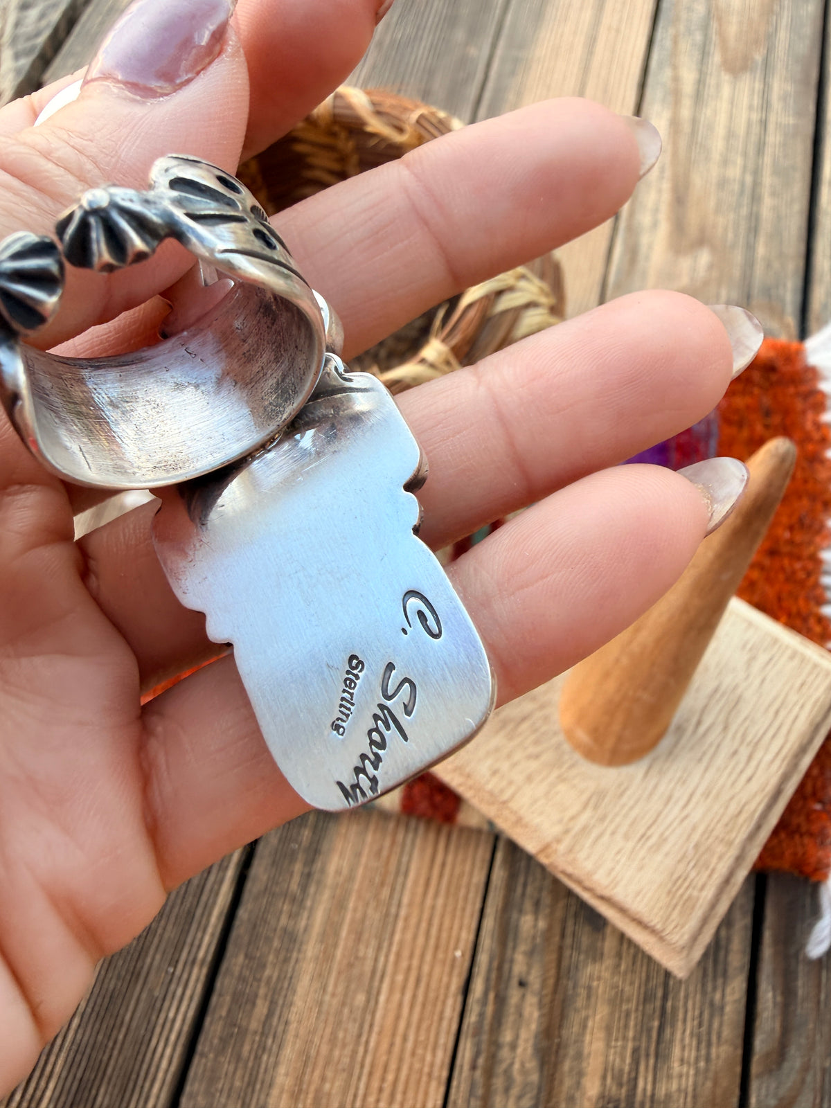 Handcrafted Spiny Oyster, Turquoise, Pink Conch & Sterling Silver Adjustable Ring