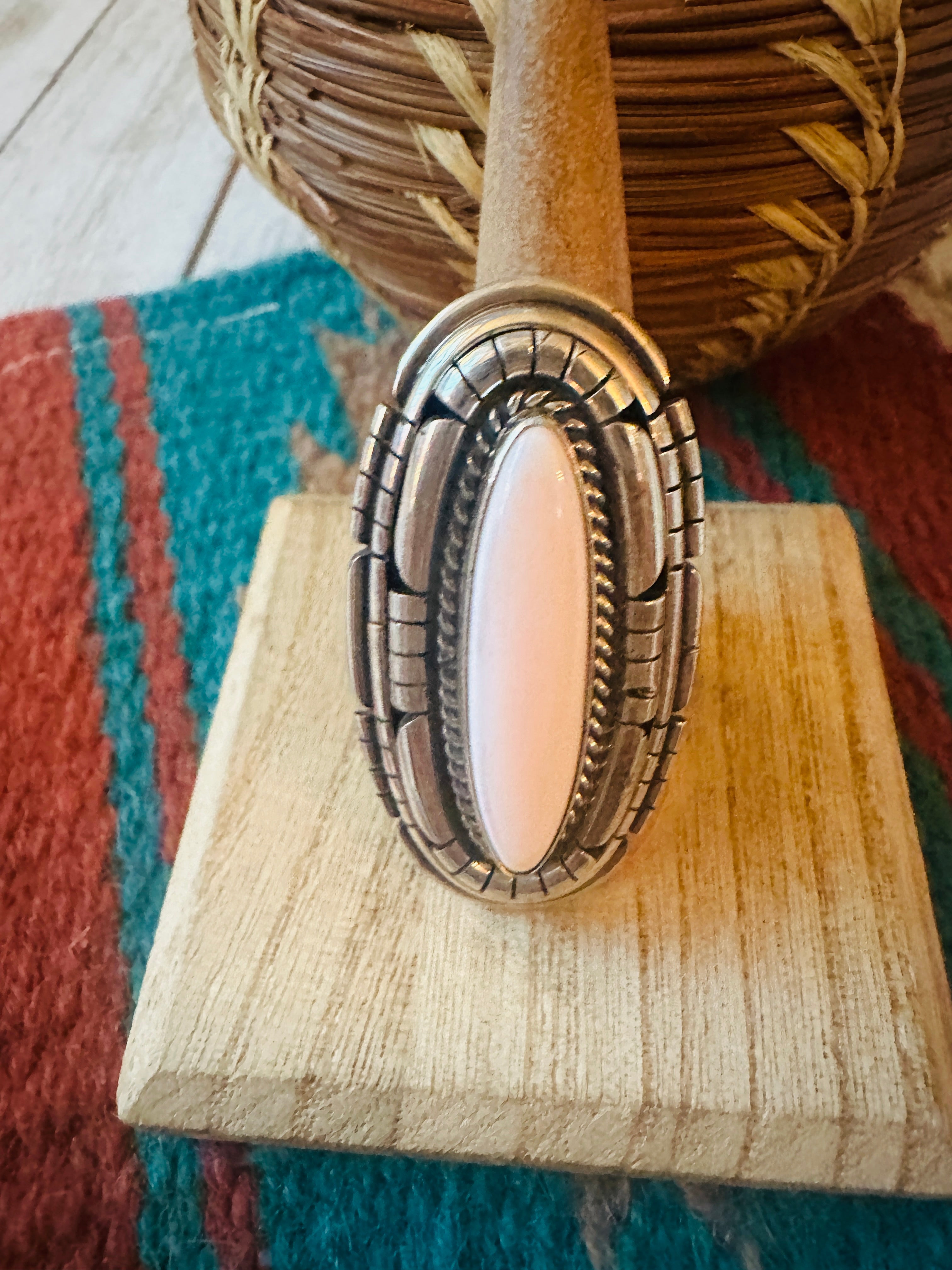 Navajo Sterling Silver & Queen Pink Conch Adjustable Ring