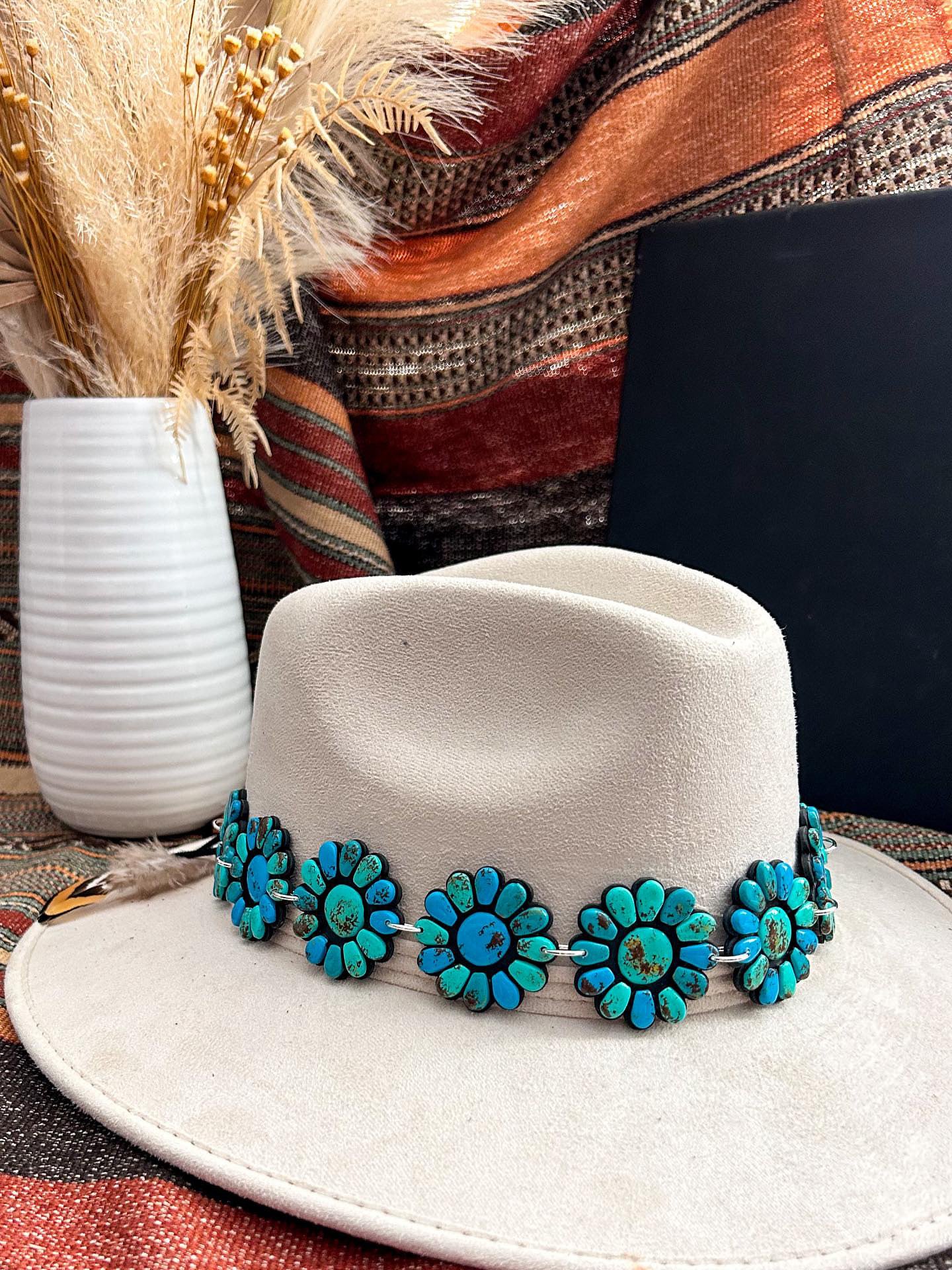 Handmade Clay Turquoise Hat Band With Feathers By Artist Kaylyn