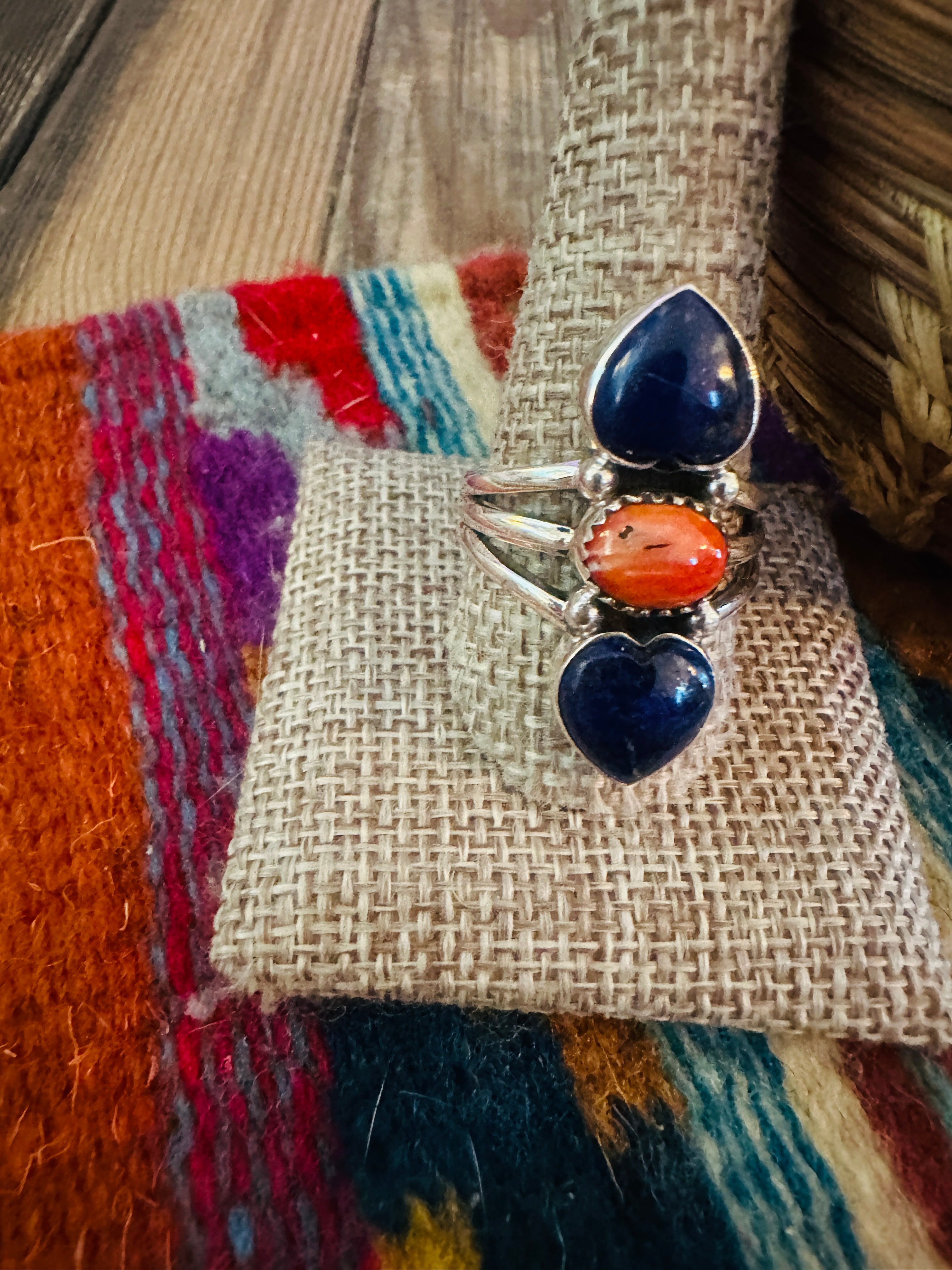 Handcrafted Lapis, Spiny Oyster & Sterling Silver Heart Ring Size 11