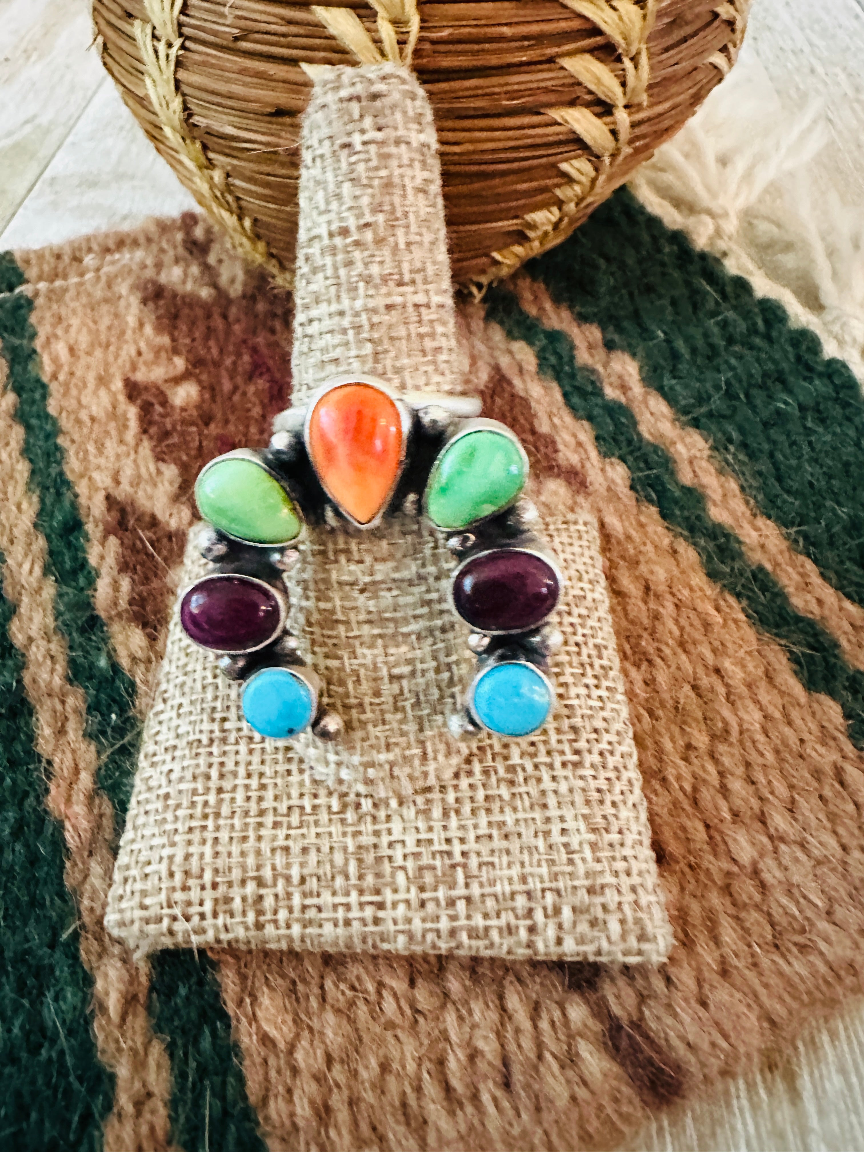 Handcrafted Sterling Silver & Multi Stone Naja Ring Size 8