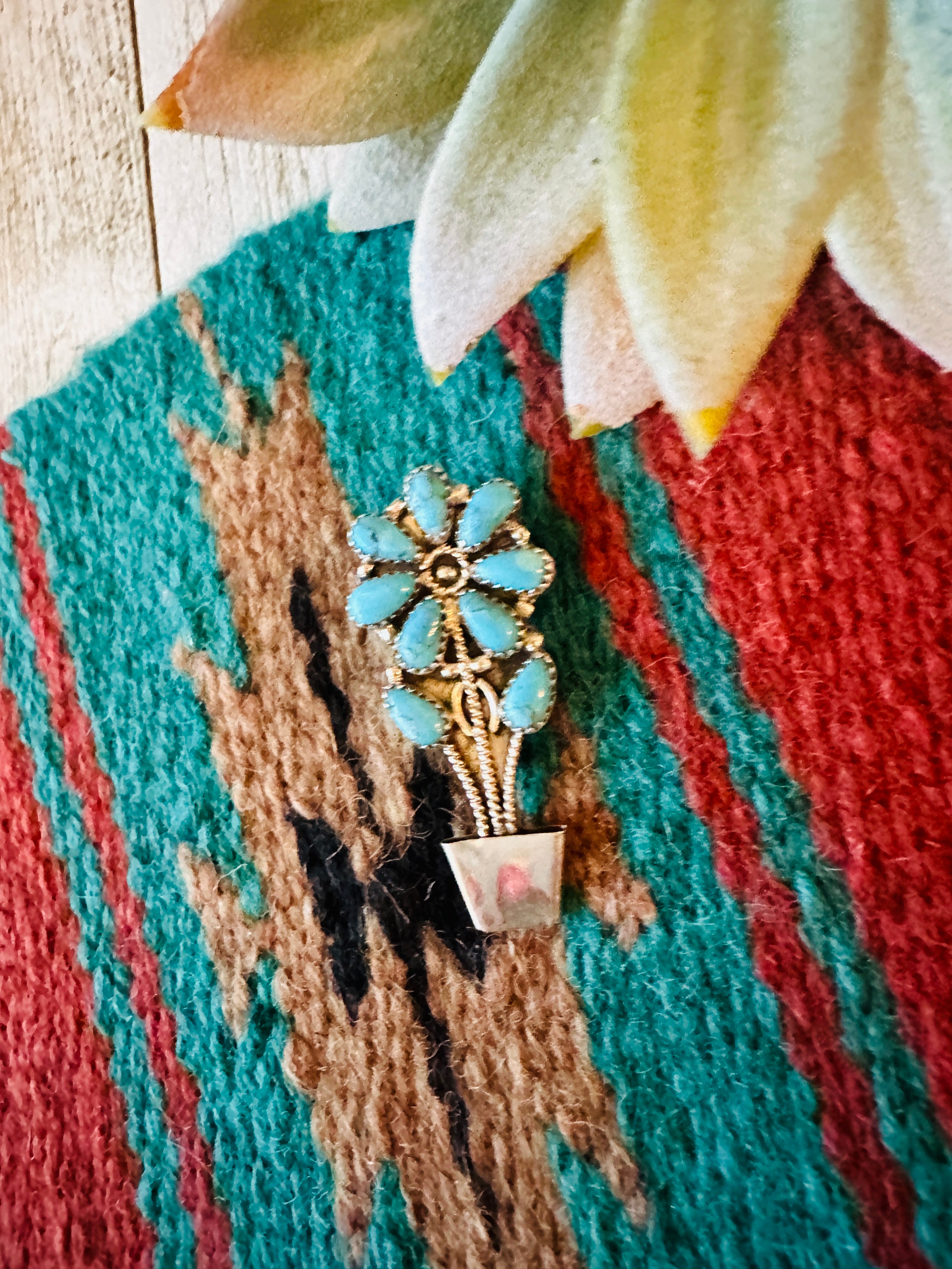 Navajo Turquoise & Sterling Silver Flower Brooch