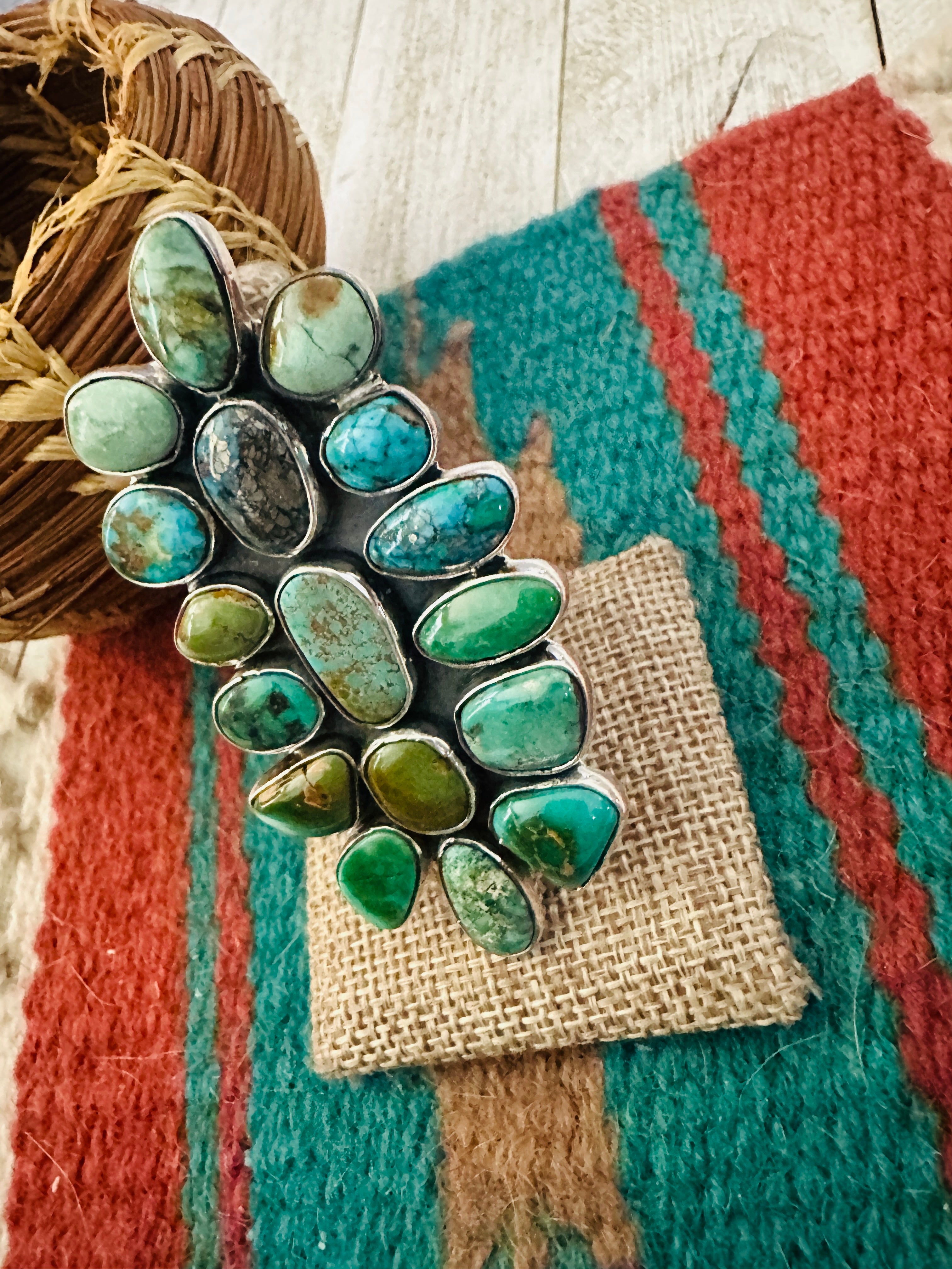 Handcrafted Turquoise & Sterling Silver Cluster Adjustable Ring by Federico Jimenez