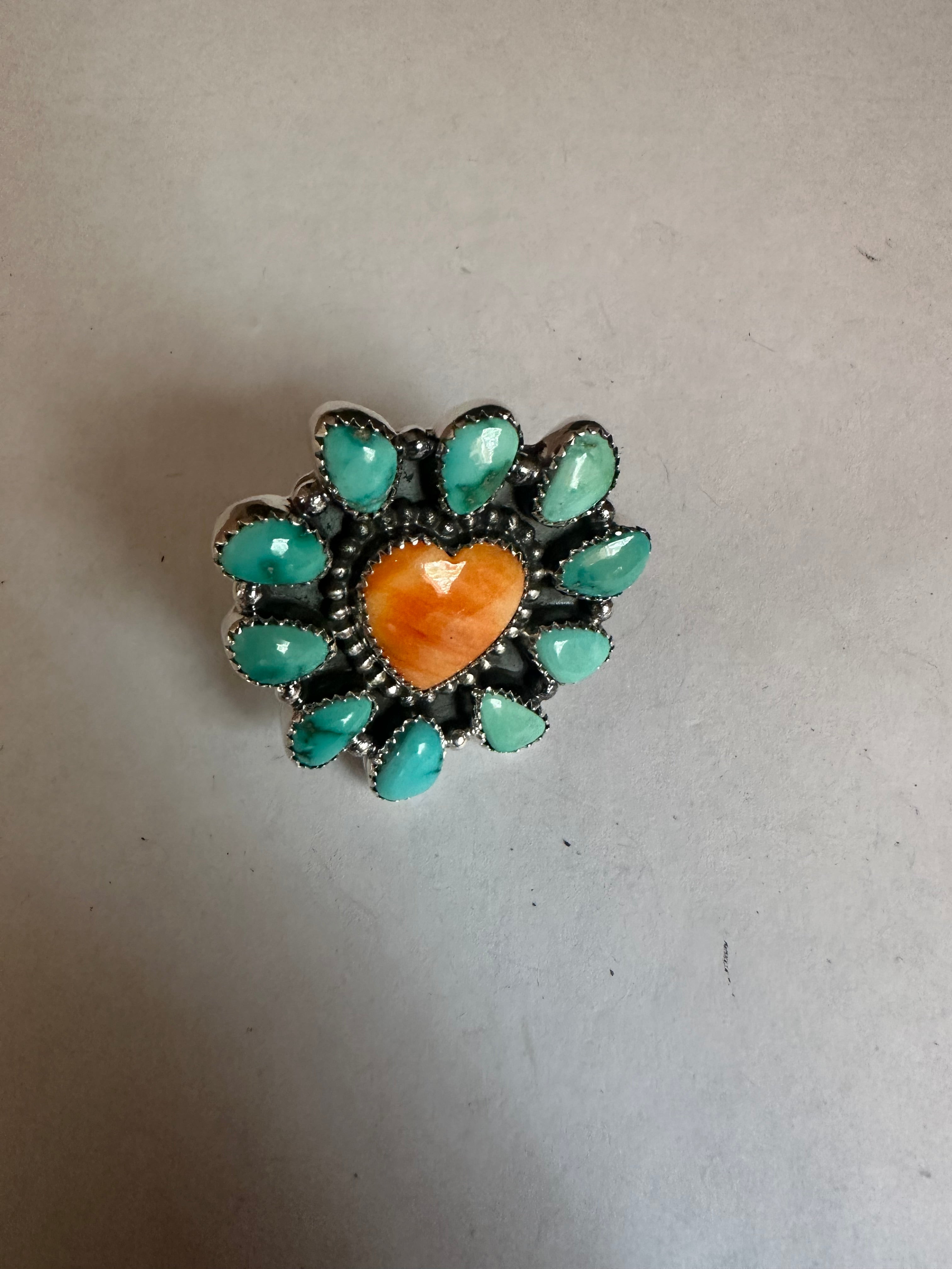 Handmade Sonoran Turquoise, Orange Spiny And Sterling Silver Adjustable Heart Ring Signed Nizhoni