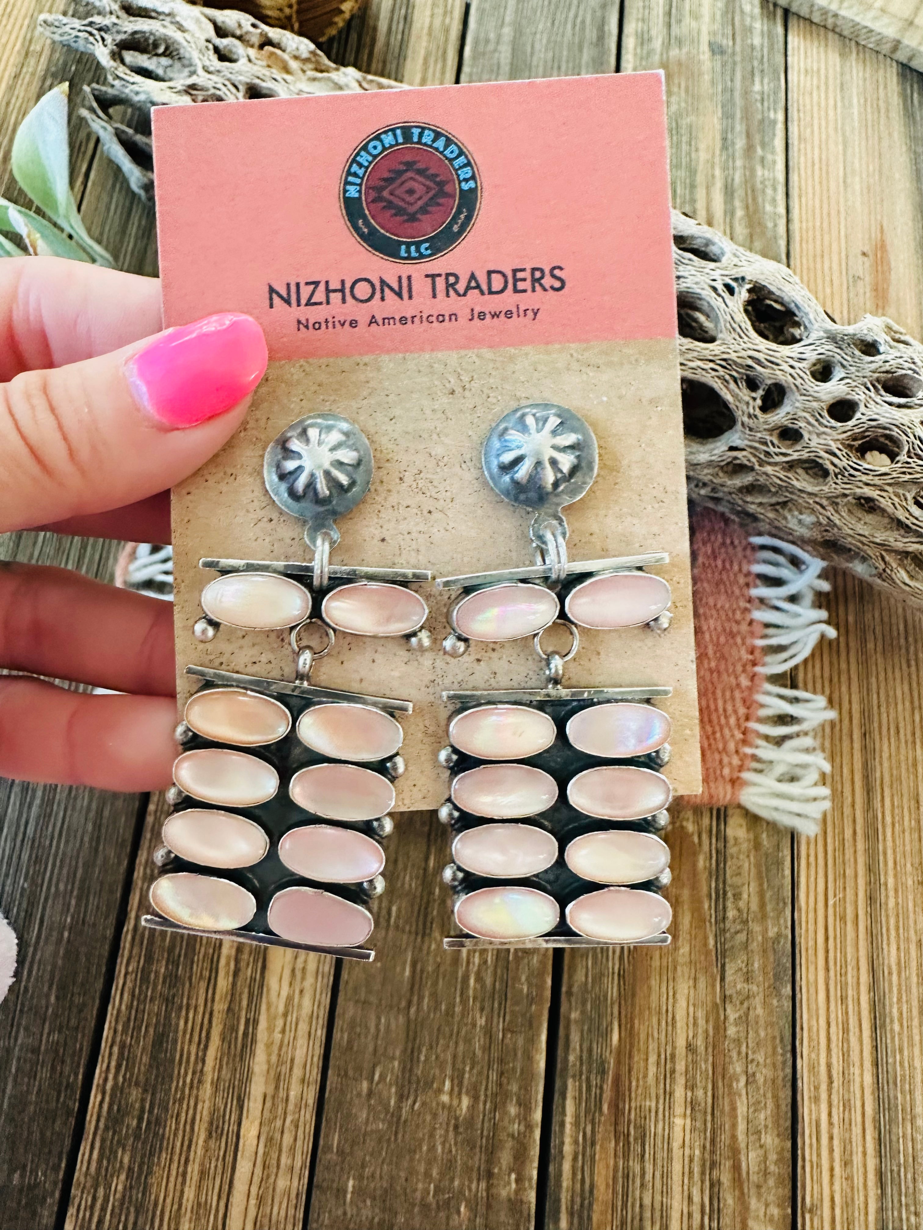 Navajo Mother of Pearl & Sterling Silver Dangle Earrings