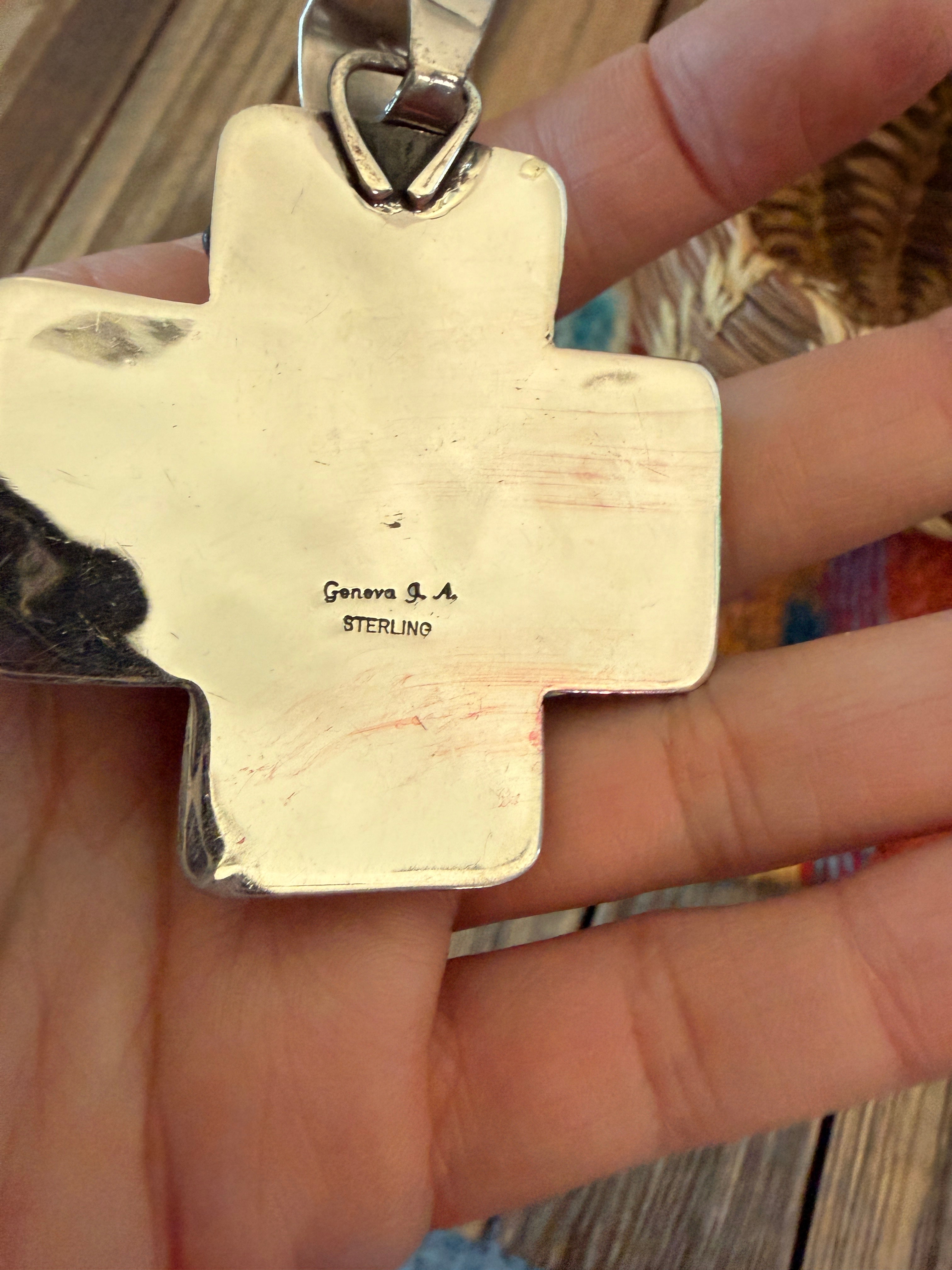 Handcrafted Turquoise, Coral & Sterling Silver Cross Pendant by Geneva Apachito