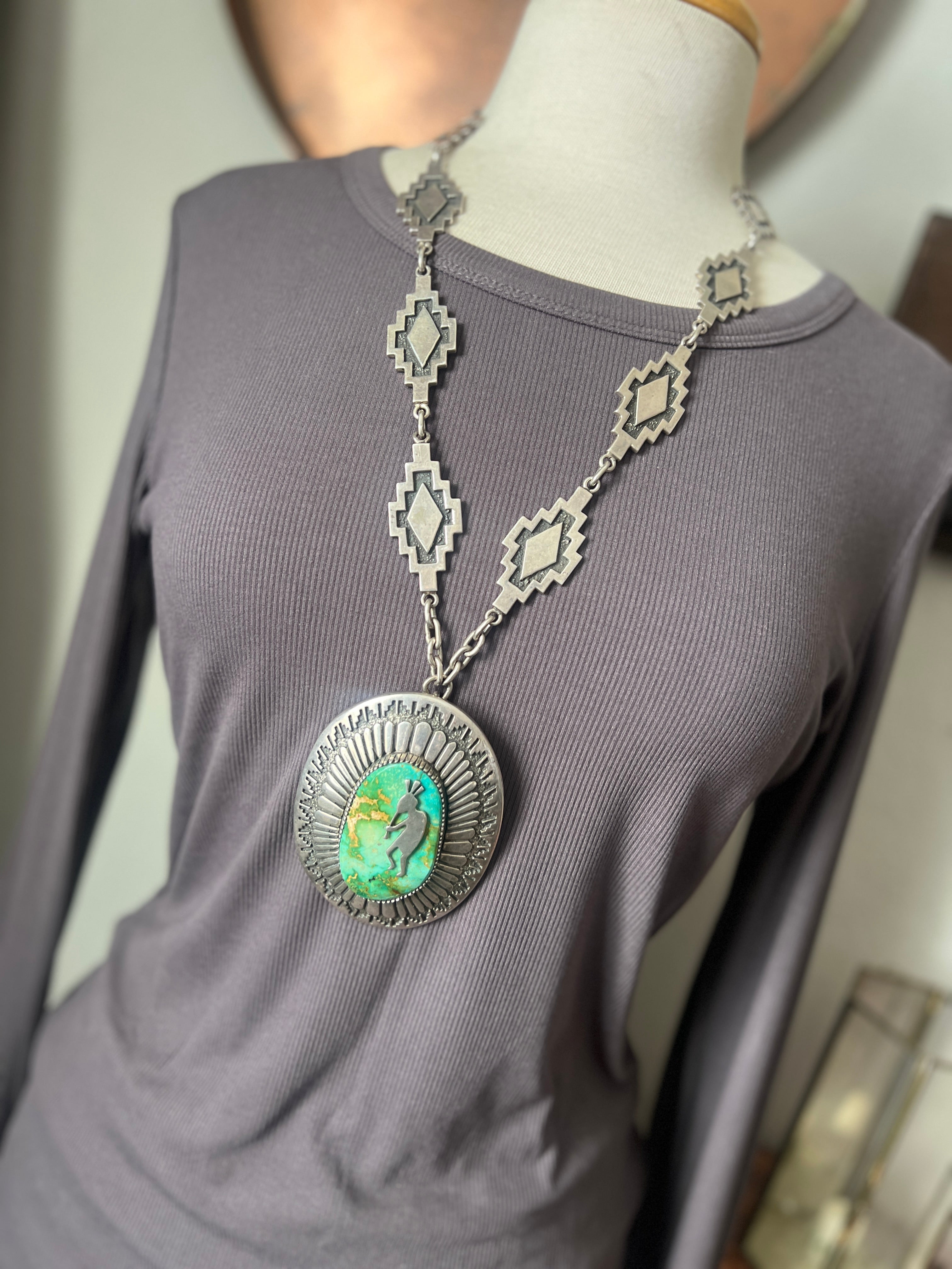 Vintage Handcrafted Sterling Silver and Royston Turquoise Kokopelli Necklace by Tommy Jackson
