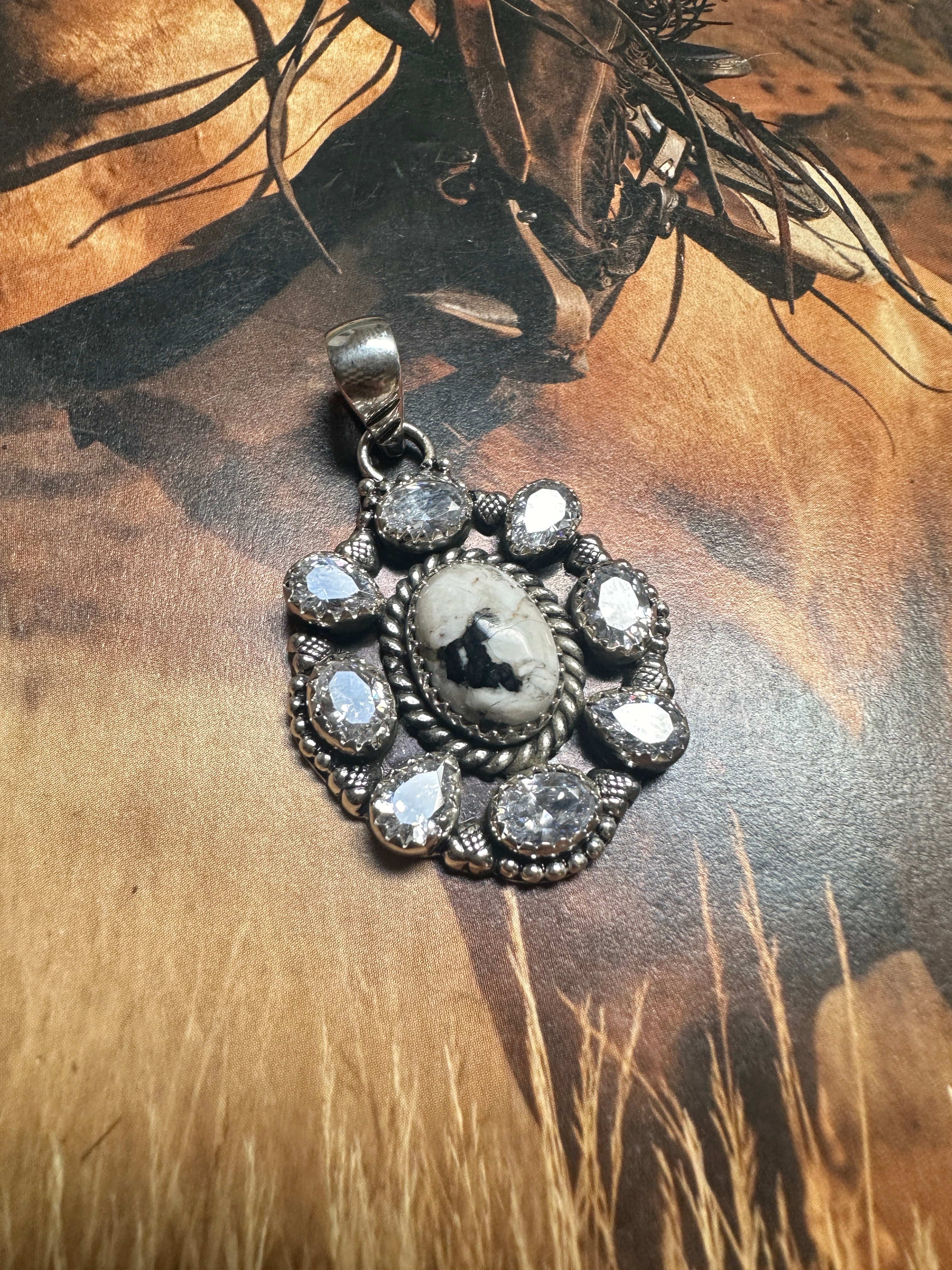 Beautiful Handmade Sterling Silver, CZ & White Buffalo Cluster Pendant