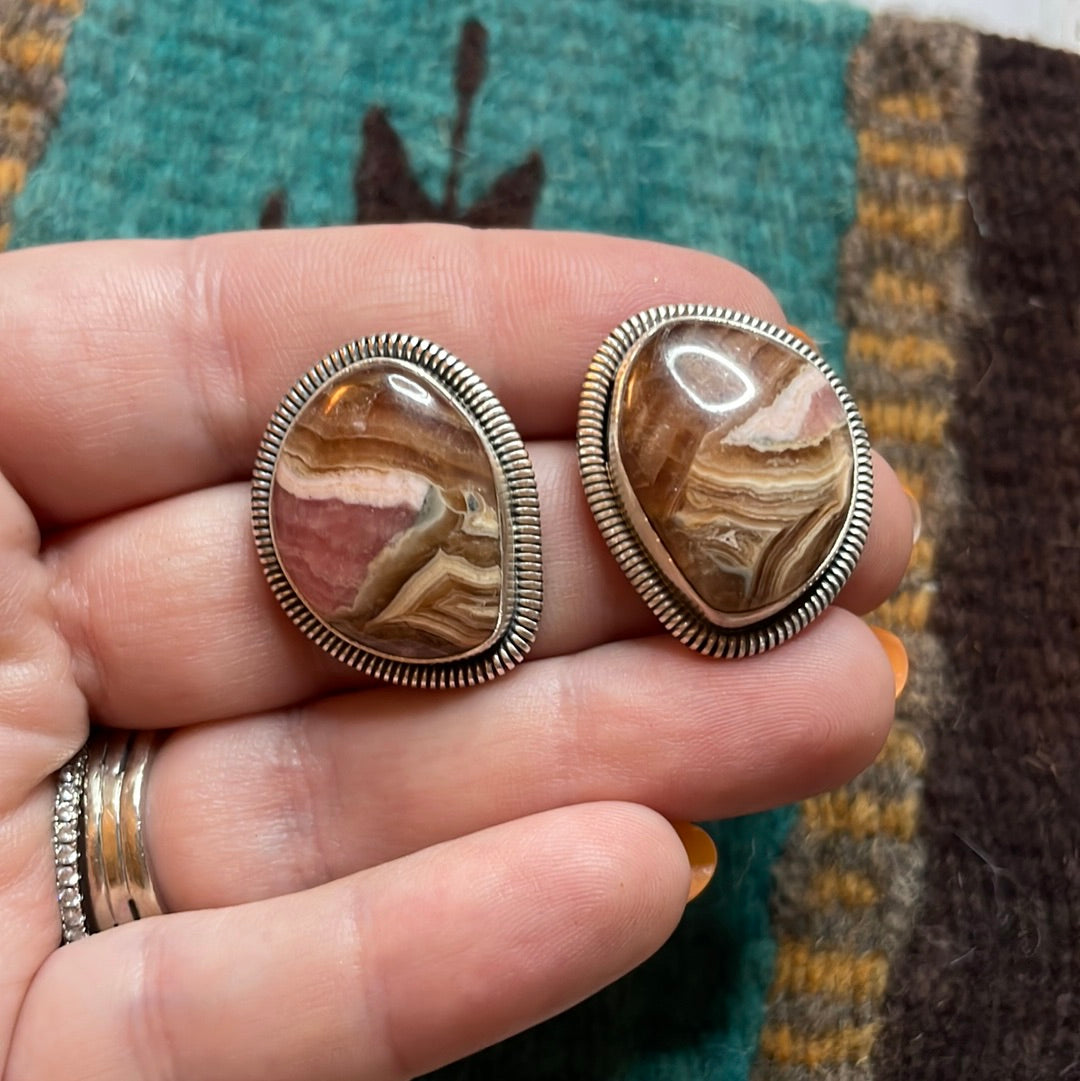 Navajo Sterling Silver & Rhodochrosite Stone Post Earrings