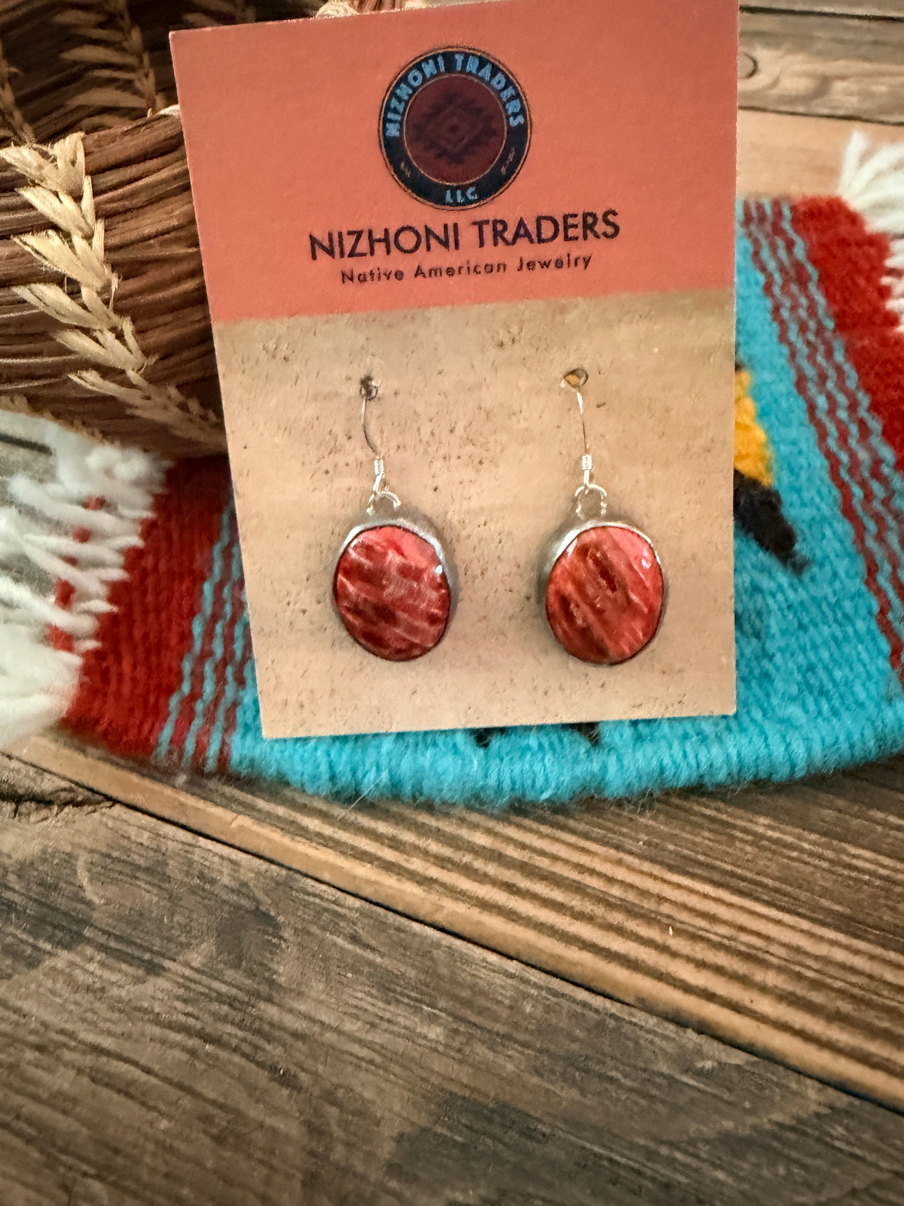 Handcrafted Orange Spiny Oyster & Sterling Silver Dangle Earrings by Charlene Yazzie