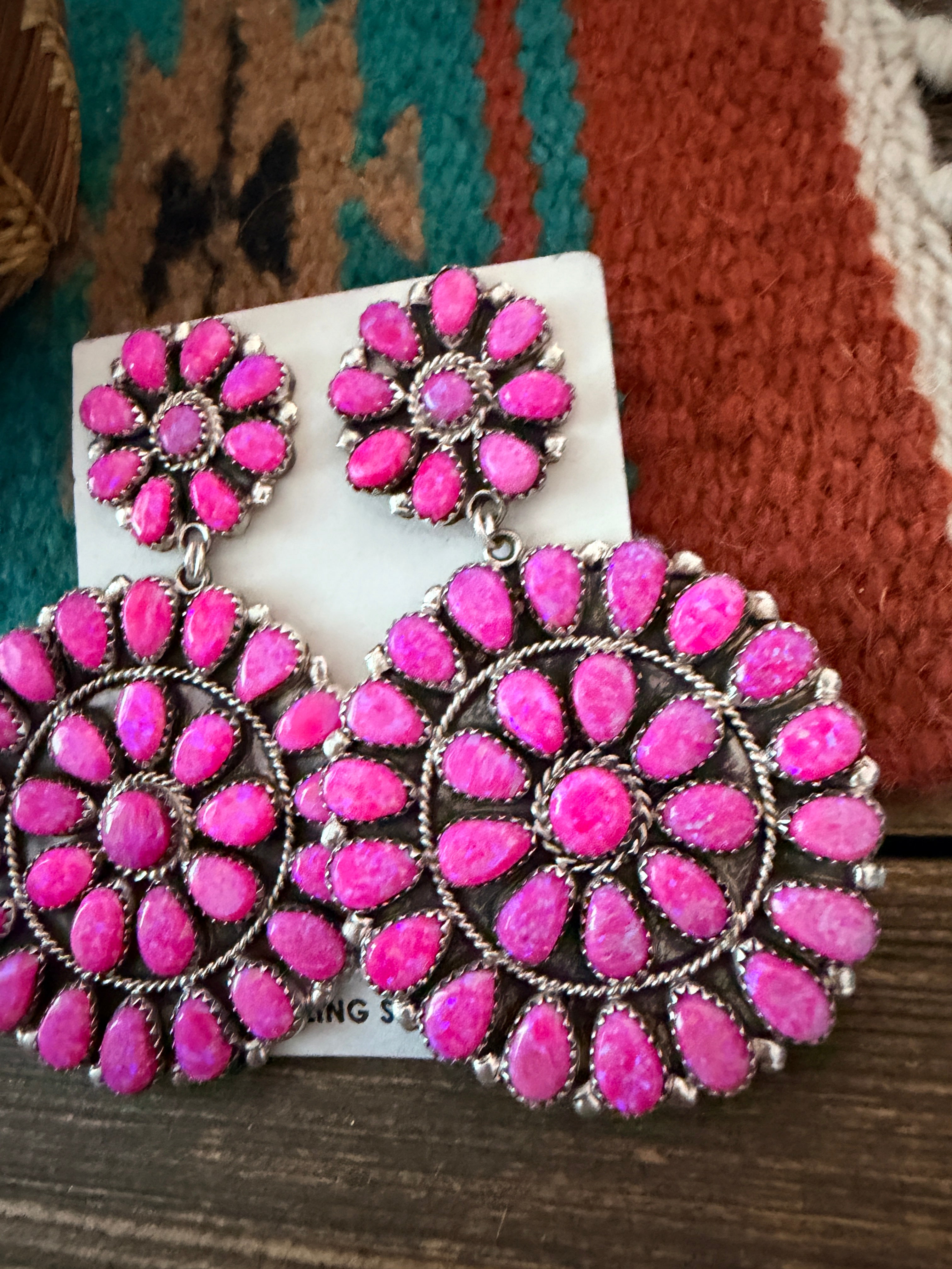 Handcrafted Pink Opal & Sterling Silver Cluster Dangle Earrings by Danny L. Wauneka