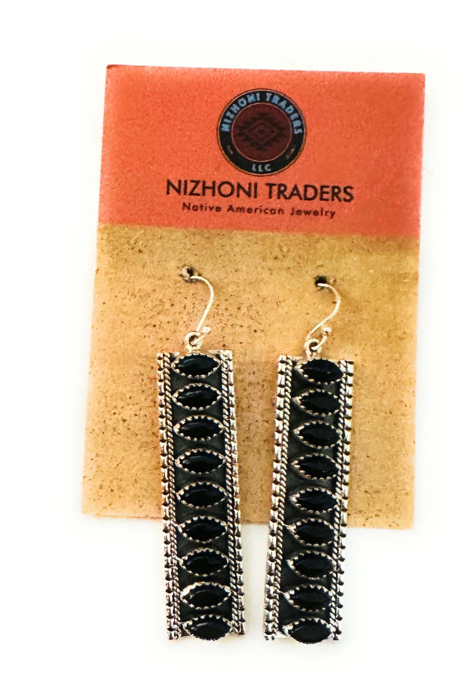 Handmade Onyx & Sterling Silver Dangle Earrings Signed Nizhoni