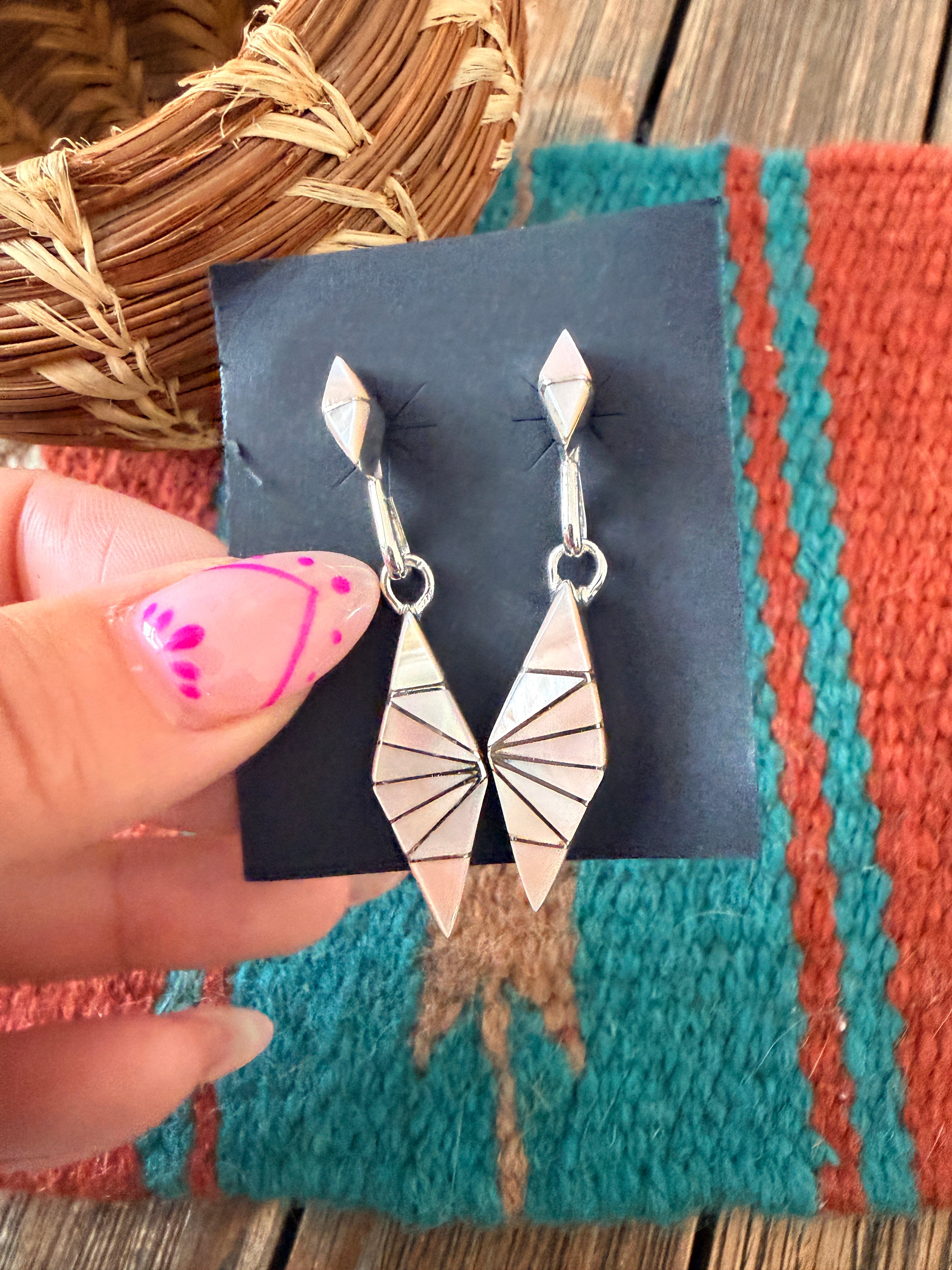Handcrafted Mother of Pearl & Sterling Silver Inlay Dangle Earrings