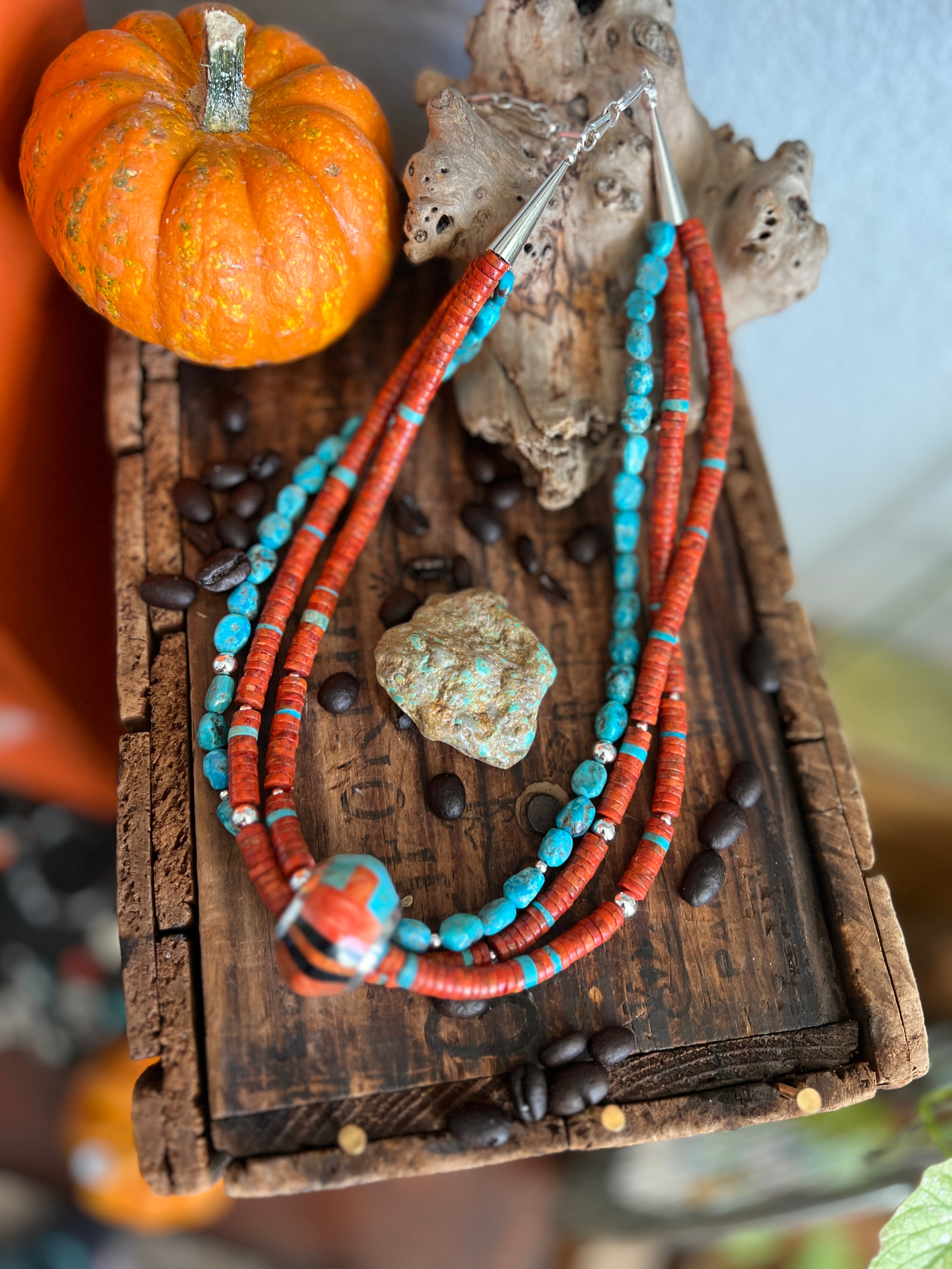 Daniel Coriz Triple Strand Apple Coral and Turquoise Beaded Necklace w/ Sterling Silver Removable Inlay Bead